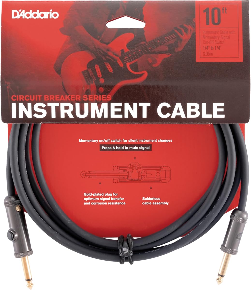 D'Addario Guitar Cable - Guitar Lead - Gold Plated - 1/4 Inch Male to 1/4 Inch Male - Circuit Breaker Cable - 10 Feet/3.05 Meters - Straight Ends - 1 Pack