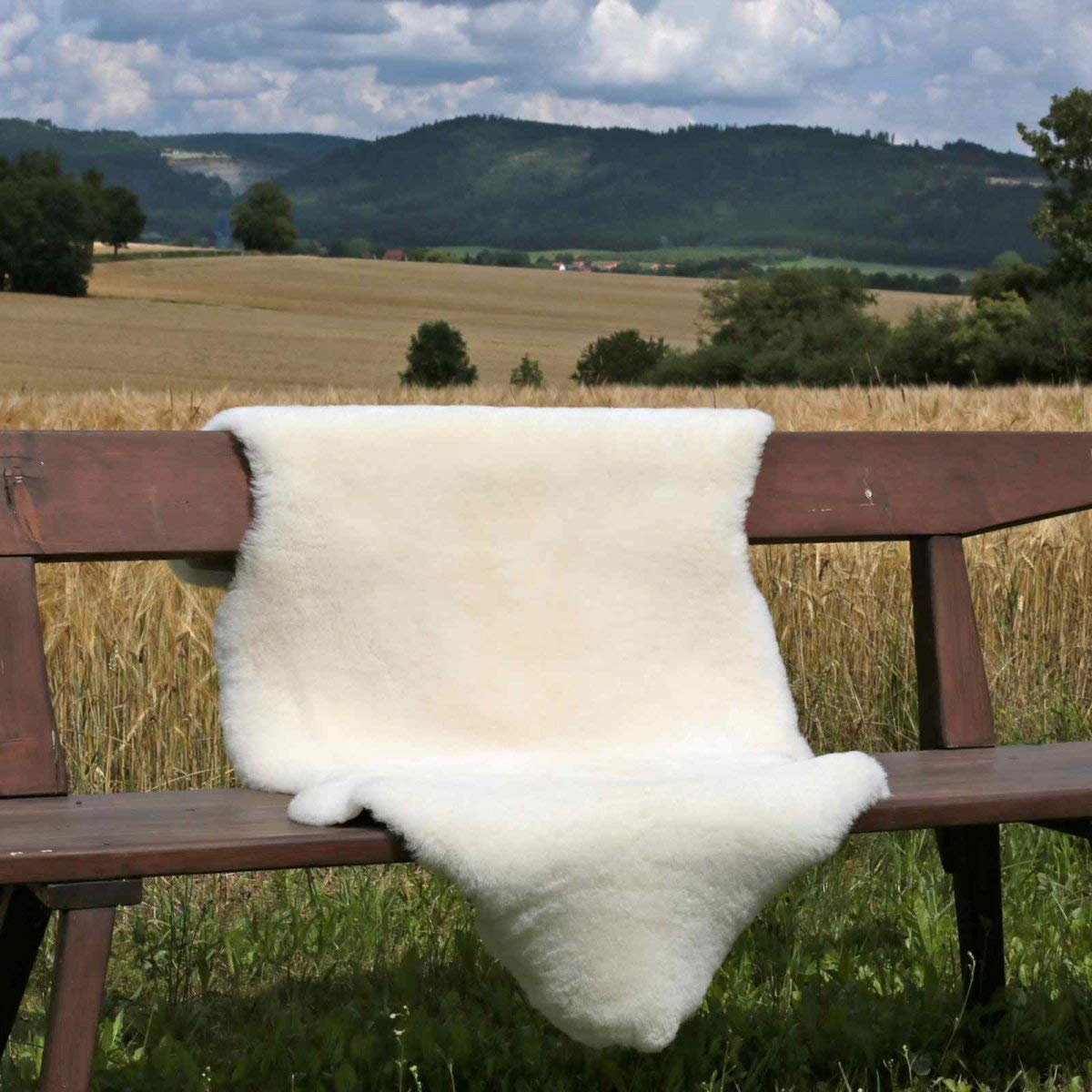 Lammfell Champagner kurzgeschoren 140-150 cm echtes Merino Schaffell Wollhöhe 3-4 cm kuschelig weich Teppich ökologische Gerbung von Deutschen Schäfereien Naturform Dekofell Farbe Champagner