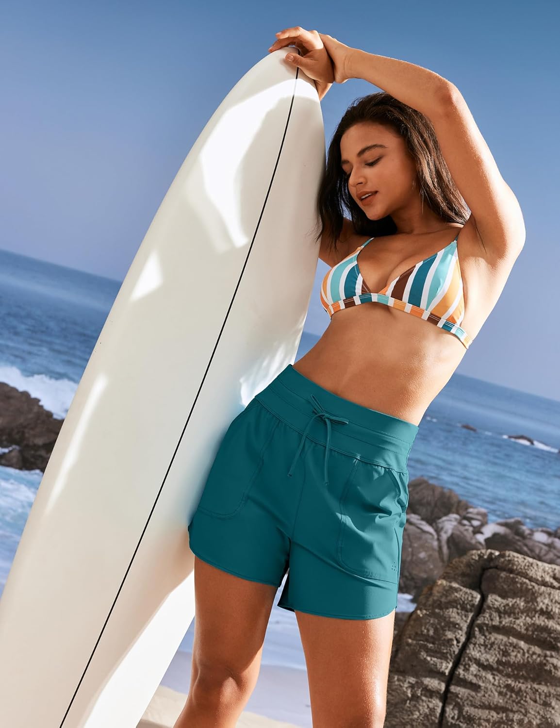 IUGA Womens 5" Swim Board Shorts Stretchy High Waisted Beach Shorts for Women Quick Dry UPF 50+ Swimsuit Bottoms with Liner - Image 2