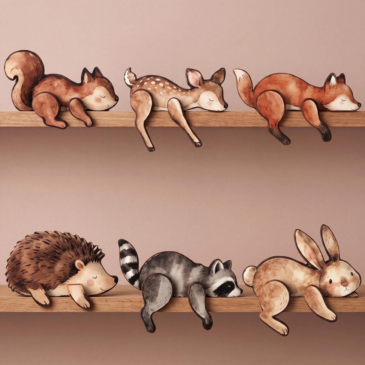 Mifoci 6 Pcs Forest Woodland Nursery Decor Wooden Animal Tabletop Centerpiece Rustic Cute Shelf Art for Farmhouse Log Cabin Door Topper Bathroom Baby Shower