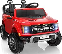 FirstRideOn 24V Ford F-150 Raptor 2-Seater Kids Ride-On Car w/ Remote Control, LED Lights, Bluetooth, Red