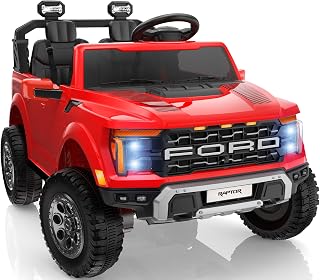 FirstRideOn 24V Ford F-150 Raptor 2-Seater Kids Ride-On Car w/ Remote Control, LED Lights, Bluetooth, Red