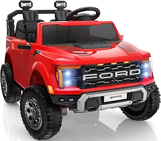 First Ride On 24V 2 Seater Ride on Toys for Kids, Licensed Ford F-150 Raptor Kids Electric Vehicles w/Remote Control, Power Pedal and Durable Wheels, LED Lights, Bluetooth, Truck Bed Storage (Red)