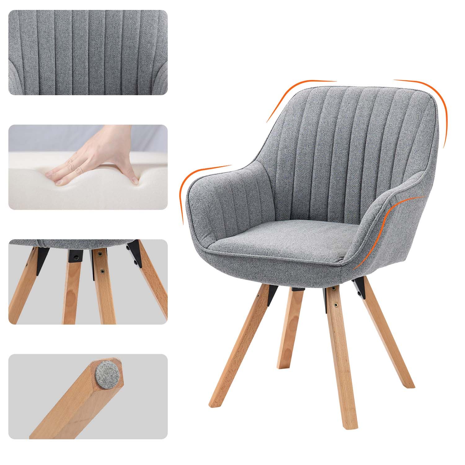 Meuble Cosy Chaise Salle à Manger Scandinave Fauteuil Coiffeuse Siège Pivotant avec Accoudoirs pour Chambre Salon Cuisine Bureau, Rembourré en Tissu Pieds en Bois Massif, Gris, 60x58x83cm