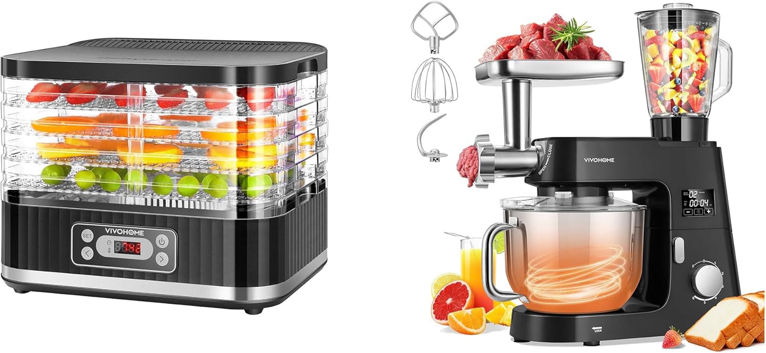 VIVOHOME Electric 5 Trays Food Dehydrator Machine Black, and VIVOHOME 9 in 1 Multifunctional Stand Mixer with Fermentation Black