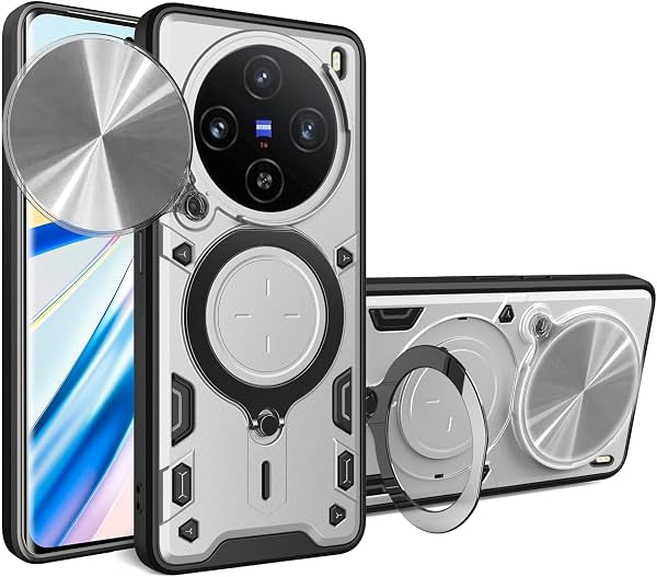 Funda Compatible con Vivo X100 5G con Soporte de Anillo Magnético, Incluye Protector de Pantalla y Cubierta Deslizante para Cámara, Plateada