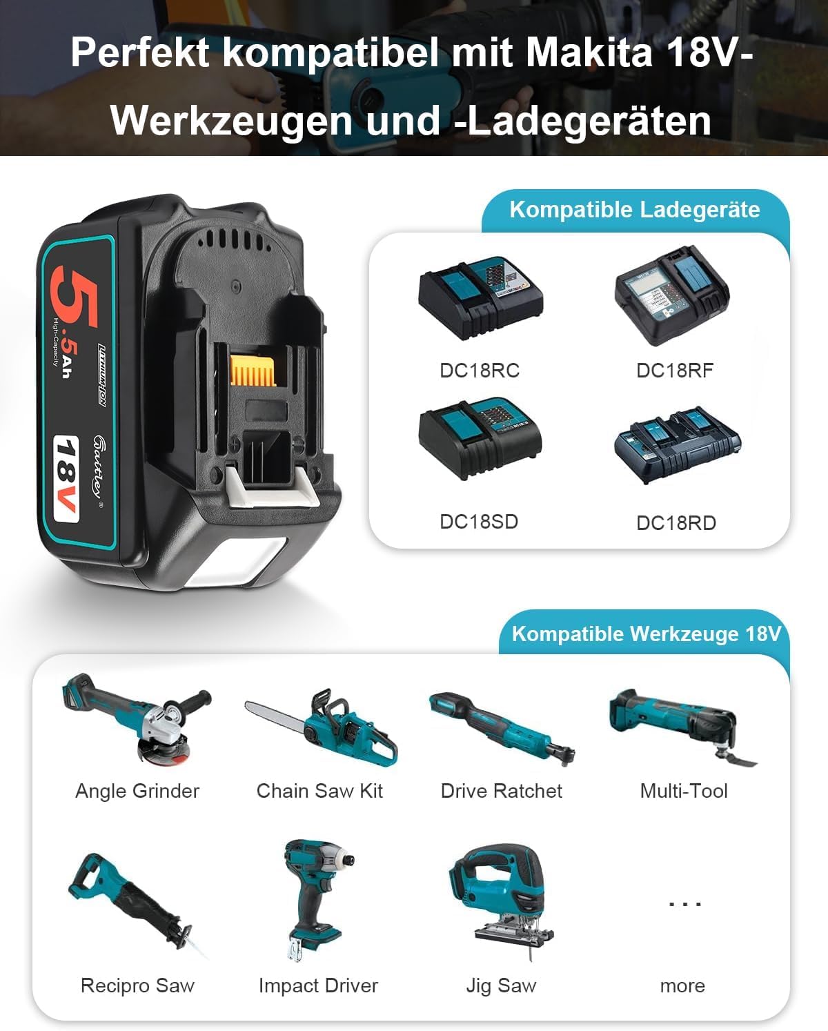 Waitley 2X 18V 5,5Ah Ersatzakku für Makita Akku 18V Elektrowerkzeuge