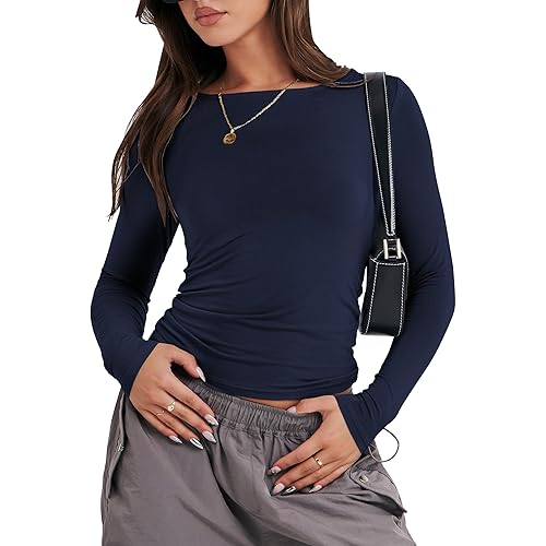 ANRABESS Women’s Long Sleeve Shirts Tight Fitted Going Out Crop Tops Crewneck Basic Tee Y2k Outfits Teens Girls Clothes