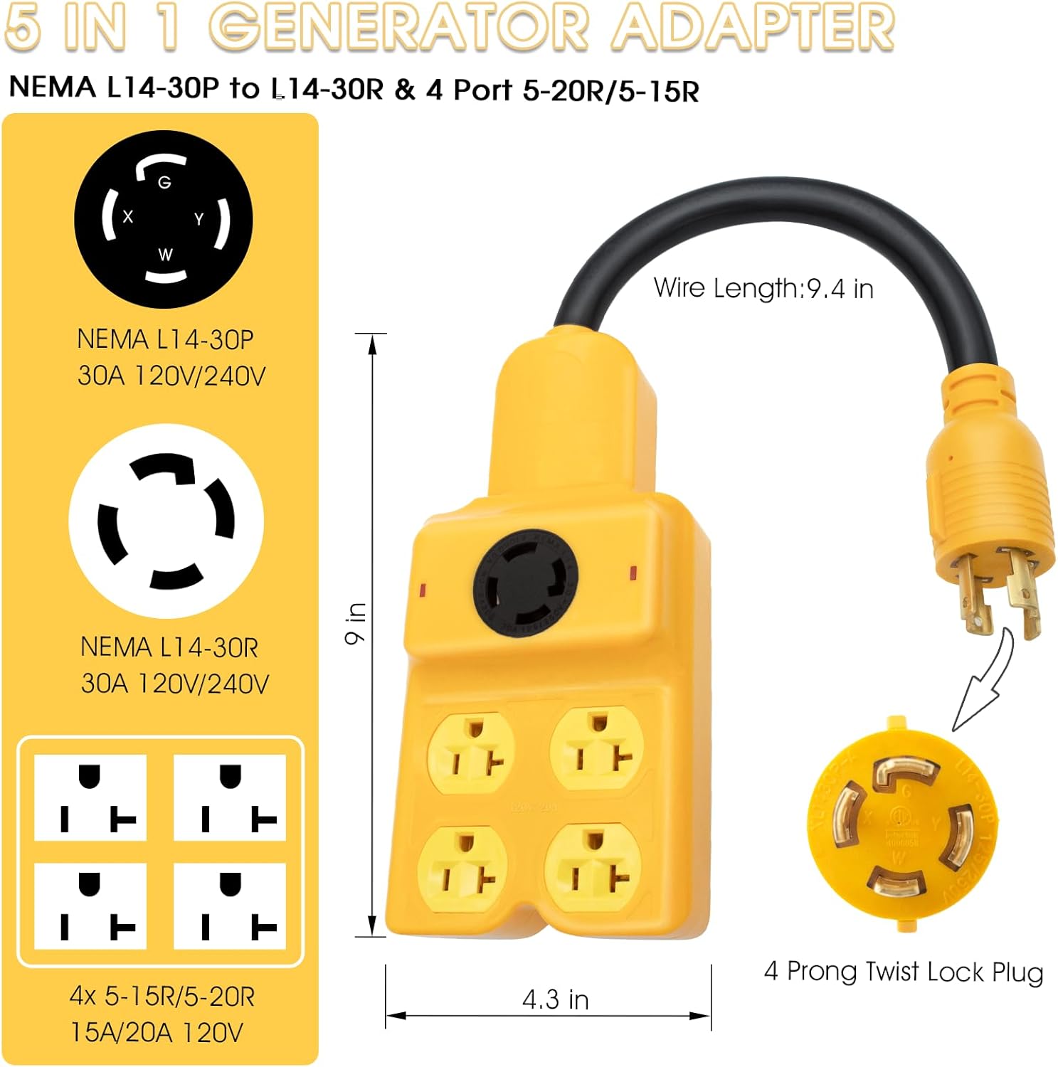 240V to 120V Adapter, Generator Plug NEMA L14-30P to L14-30R and 4 Port 5-20R/5-15R 4 Prong Twist Lock 30 Amp Male Plug to Female Receptacle for RV Workshop Outdoor Activity (Yellow)