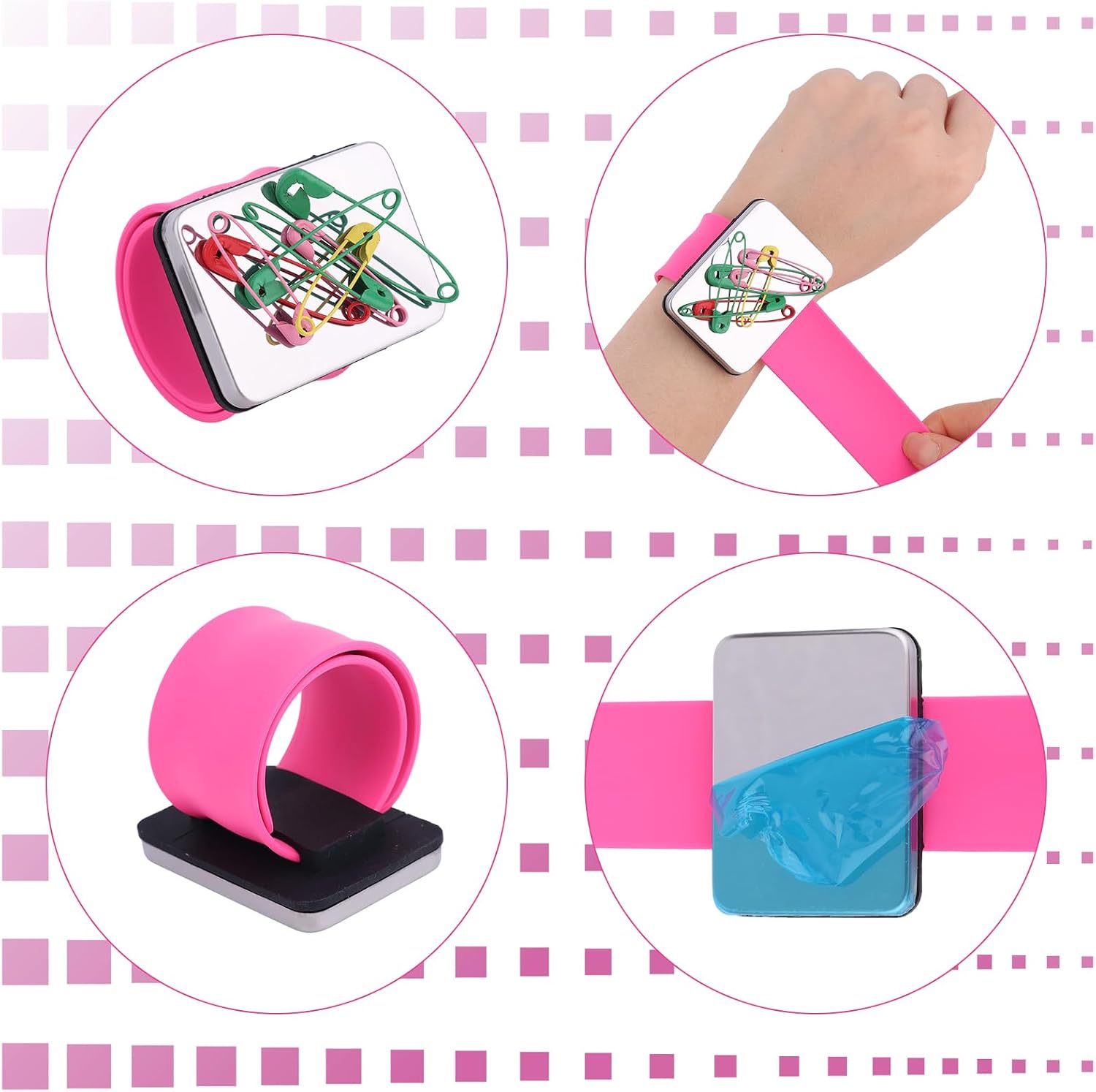 3pcs Magnetic Pin Cushion Wristband, 3 Colors Wrist Sewing Pincushion Silicone Strap,Magnetic Pin Holder Wristband for Sewing Quilting Accessory Braiding Hair Styling and Crafting (Square-Shape) image 5