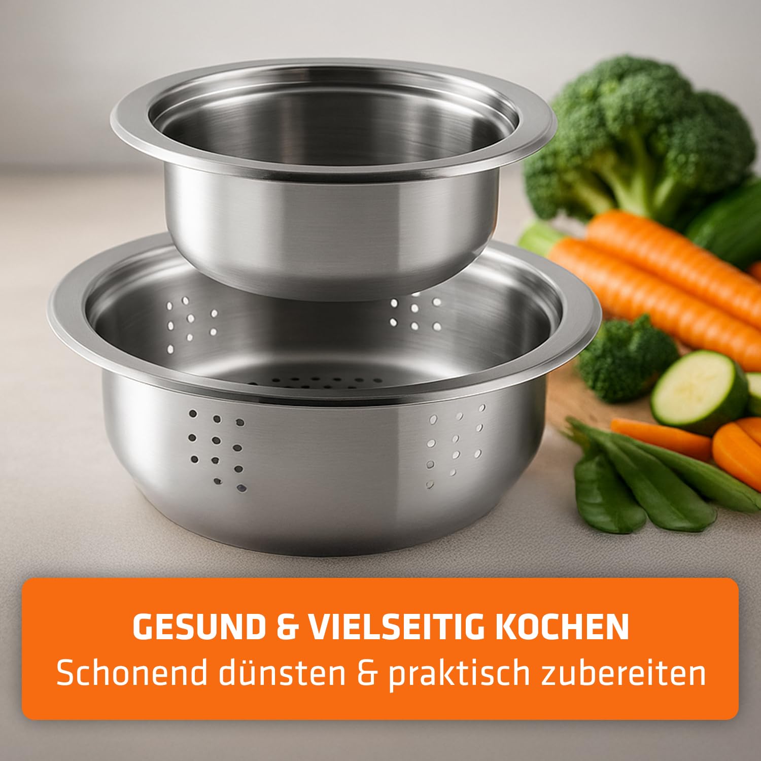 Berndes stapelbares Edelstahl-Topfset 8-teilig Raumwunder l geringer Stauraum l 3x Kochtopf mit Deckel, 1x Dünsteinsatz, 1x Wasserbad oder Rührschüssel l platzsparend l Induktion