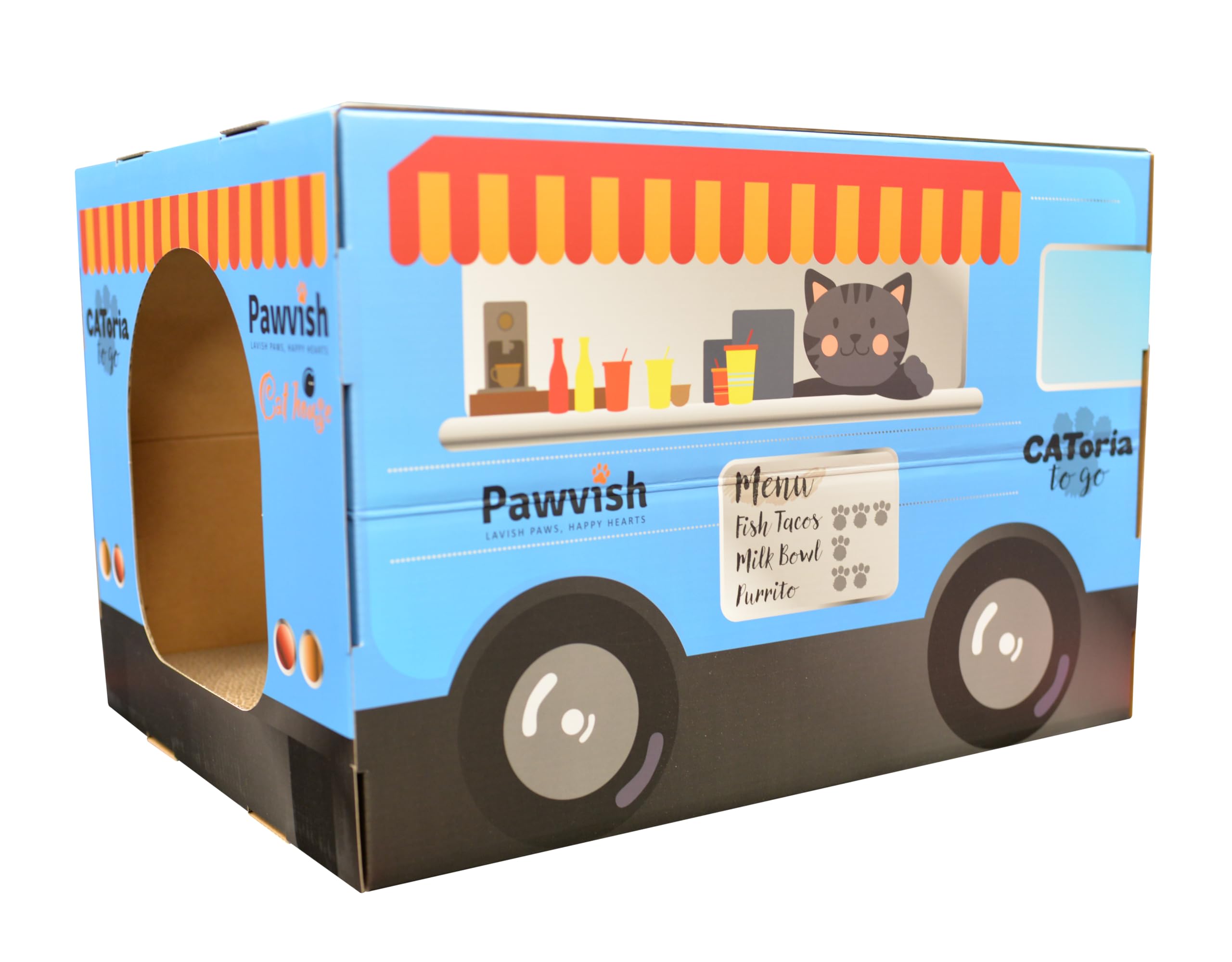Casa y rascador de cartón para gatos (camión de comida)