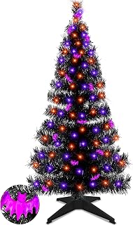 TURNMEON 4 Ft Orange Purple Lighted Halloween Tree Decor with Timer DIY 80LED 25 Bats Ornament Battery Powered Full Artificial Black Xmas Christmas Tree Halloween Decorations Home Indoor Outdoor Party