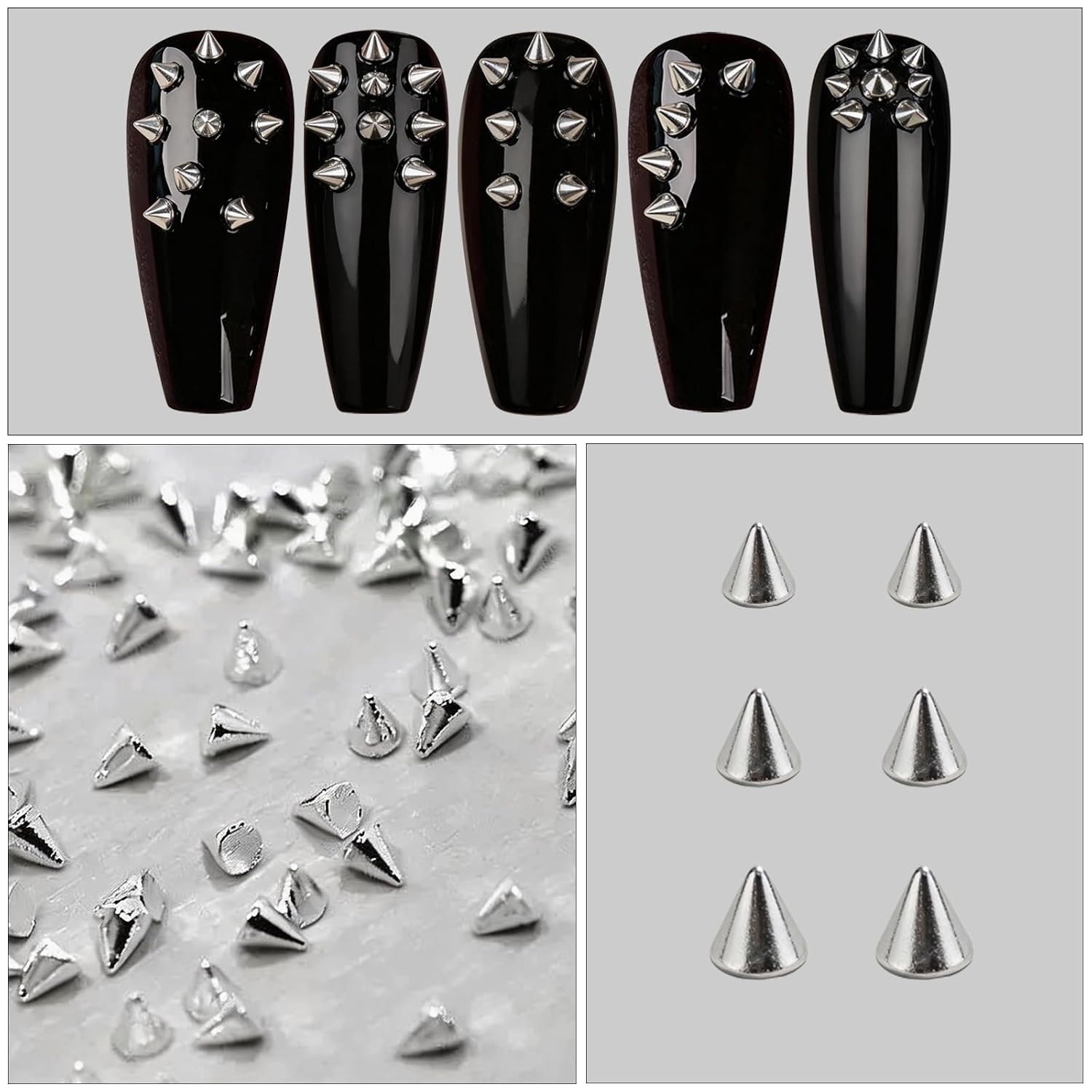 600Pcs Silver Cone Spike Nail Studs, 3D Metal Nail Charms for Nail Art, Punk Gothic Nail Accessories Alloy Rivets Decorations for DIY Jewelry Manicure Supplies