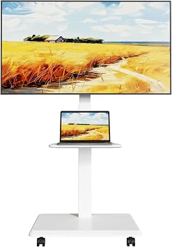 Steel Base Rolling TV Stand for 32-75 inch TVs up to 110 lbs, Leveling & Tilt & Swivel Mobile TV Stand with Hidden Wire Management, Height Adjustable Portable Tv Stand with Steel Shelf, White