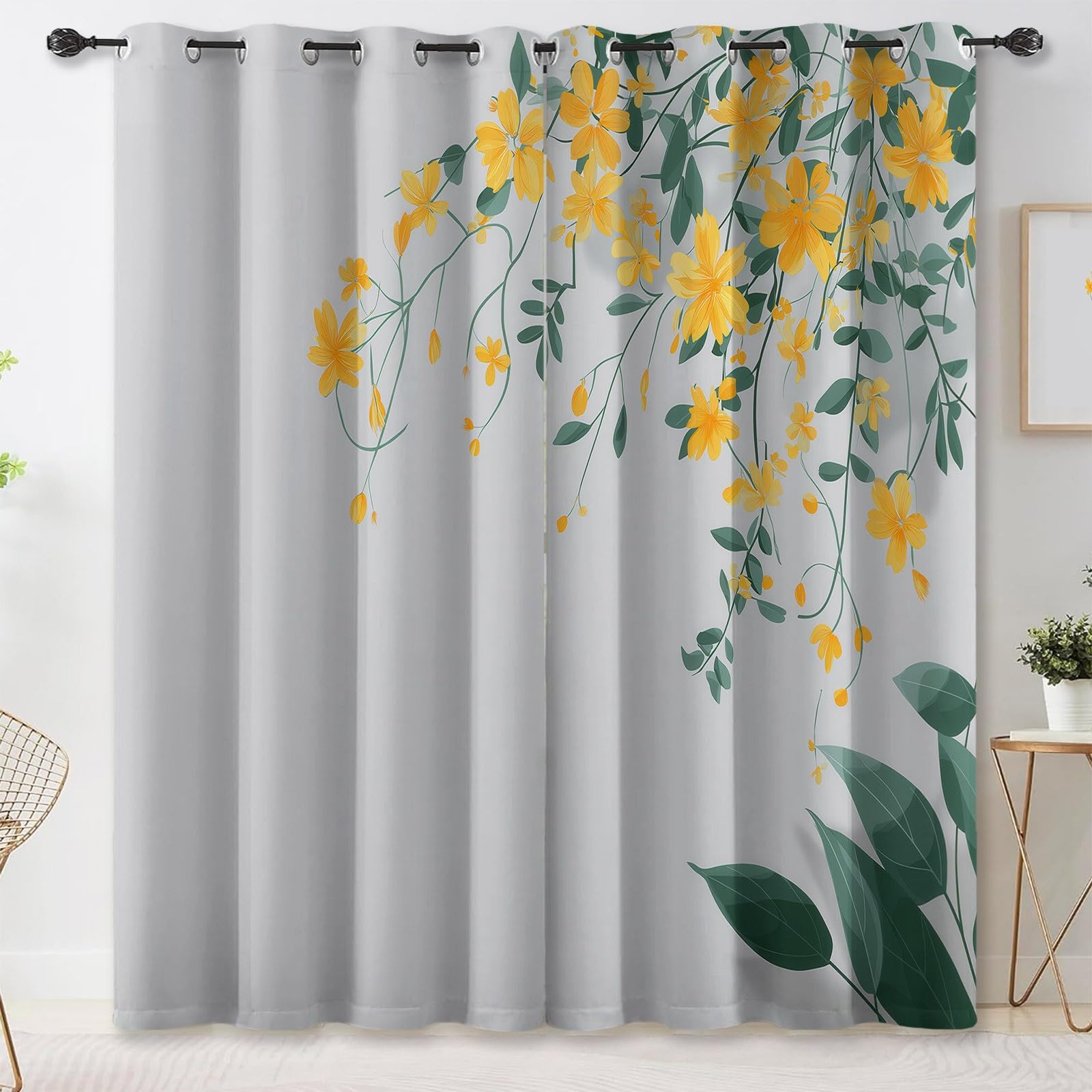Gris Et Blanc Rideau 70 x 240 cm 2Pcs, Aquarelle Fleurs Plantes Feuilles Imprimé Rideaux Adult Enfant, Naturel Scandinave Occultation Douce Intérieurs à Oeillets Rideau Chambre Salon Coucher Dressing