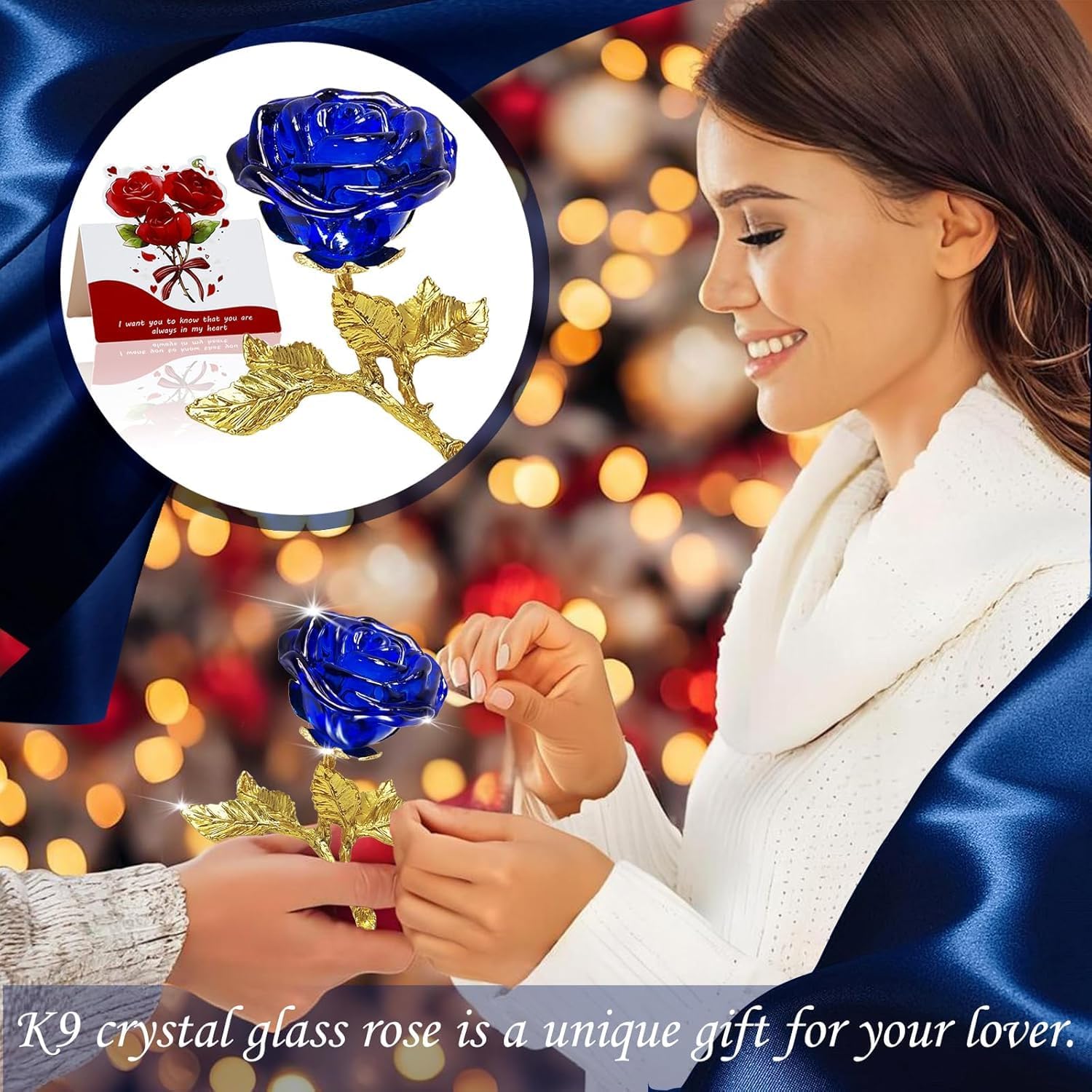 WILLSHINE Crystal Glass Rose Flower Figurine,with Gold Plated Stem and Leaves,Handmade K9 Crystal Rose Collectible,Artificial Rose Gift Box for Her on Mother's Day Valentine's Day Christmas.