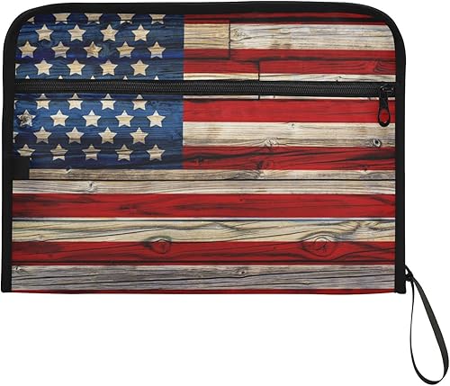 Miniatura 7 de Organizador de archivos de acordeón de madera oscura con bandera estadounidense pintada antigua, organizador de documentos portátil, carpetas de