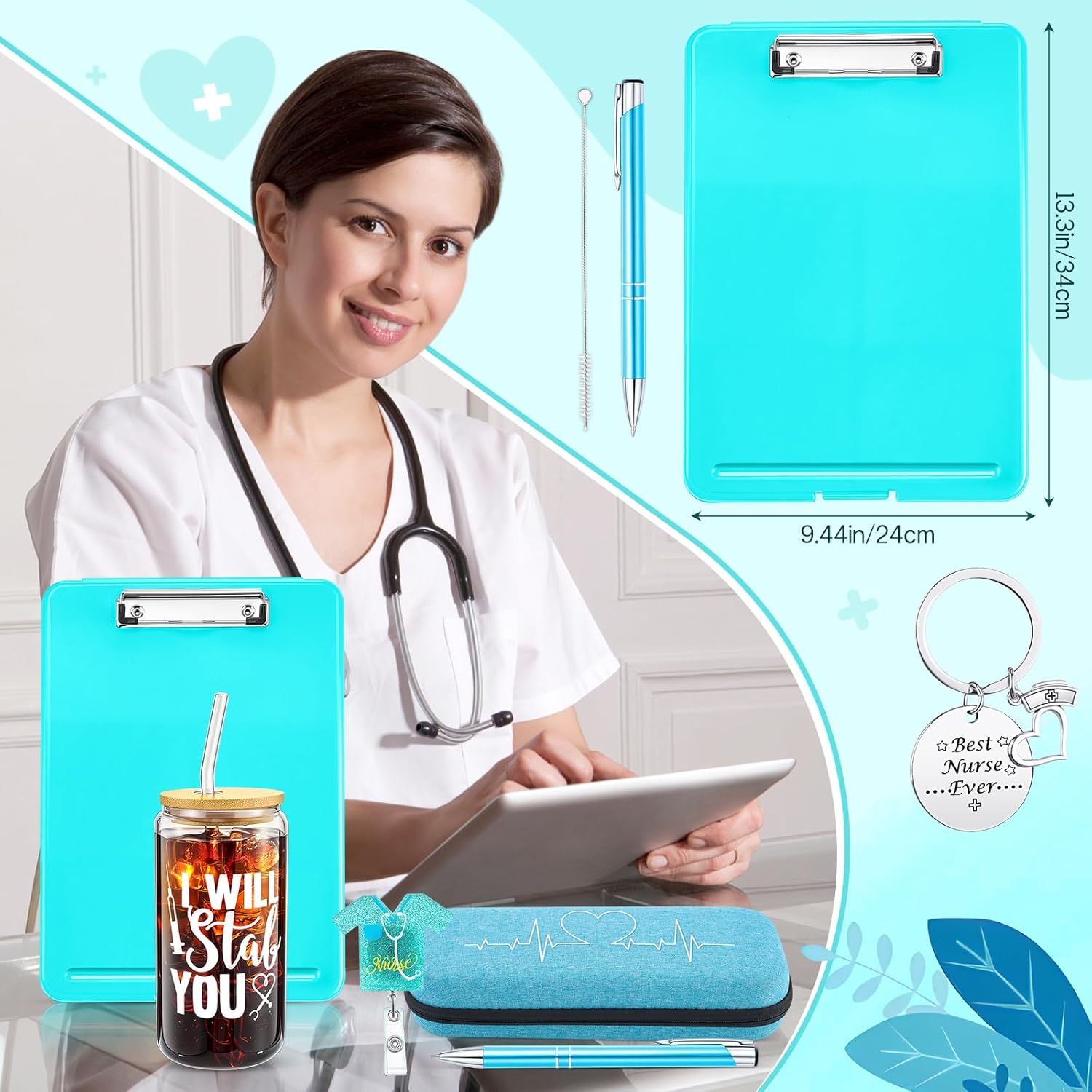 Fullhawl 6 Pcs Nurses Week Appreciation Gifts Set Nursing Gifts Include Glass Coffee Cup, Stethoscope Case, Ballpoint Pen, Badge Reel, Clipboard and Keychain(Blue)
