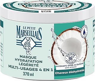 Le Petit Marseillais Masque 4 en 1 Hydratation Légèreté Eau de Coco Bio (Pot de 370 Ml) – Masque Capillaire pour Cheveux Déshydratés – Soin Cheveux sans Silicone 96% d'Origine Naturelle