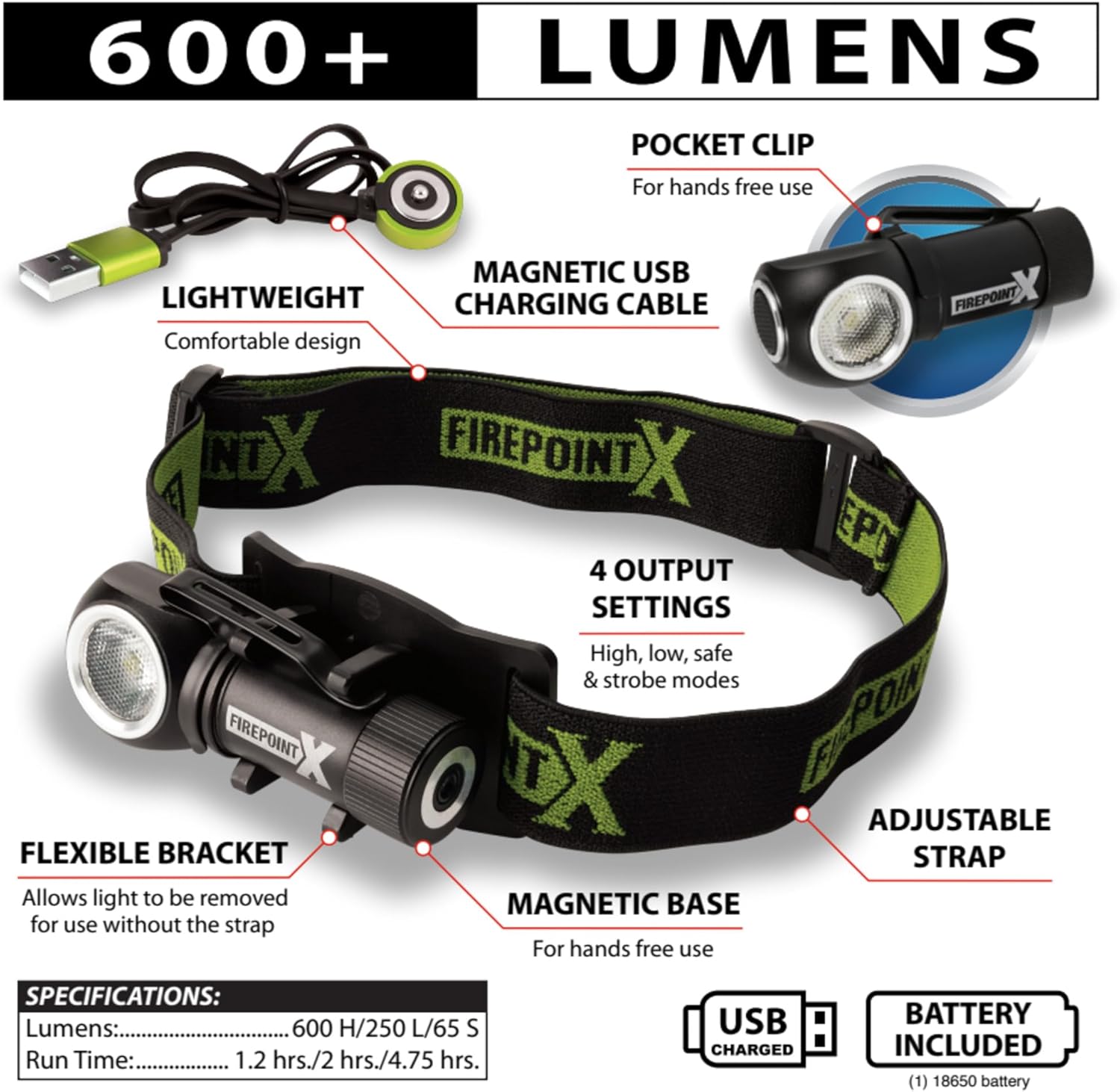 Performance Tool W2647 600LM LED Rechargeable Flashlight with 4 Modes and Magnetic USB Charge Cable, 295ft Beam Distance and 3-4 hr Charging Time