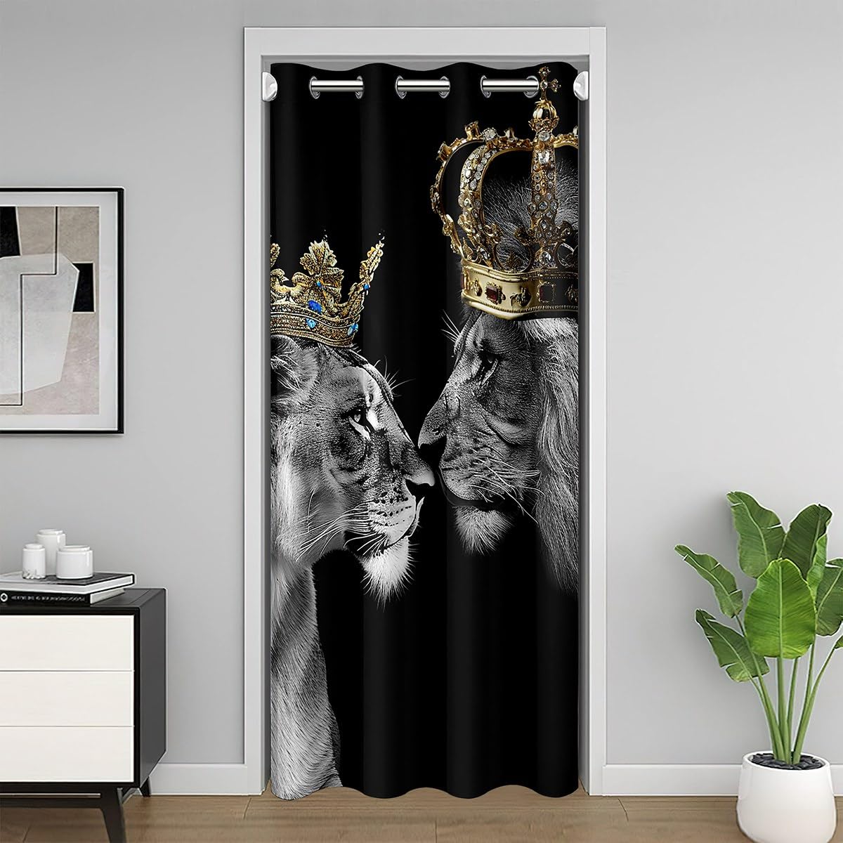 Abstract Lion Couple Door Curtain Golden Crown Gray Black Animals Doorway Curtain Privacy for Kids Teens Adults Jungle Wildlife Valentine's Day Door Drape for Bedroom Closet Door 42" W X 80" L