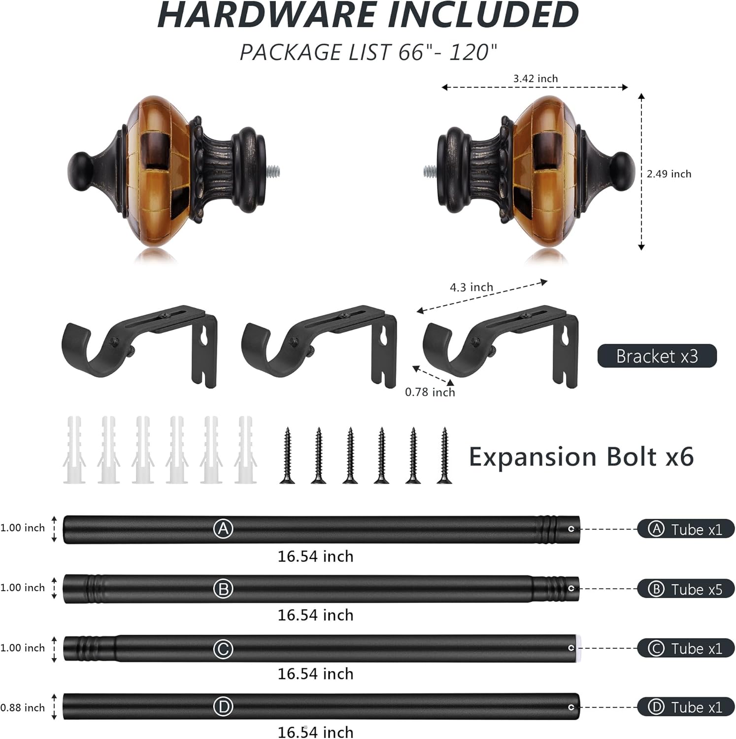 Black Curtain Rods for Windows 66 to 120 Inches,1 Inch Adjustable Window Curtain Rod with Decorative Finials for Bedroom Living Room