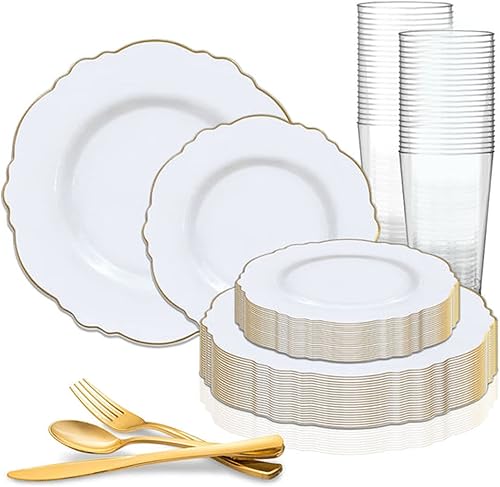 Miniatura 3 de Elegante vajilla desechable de plástico resistente, platos de plástico con diseño de borde de flores, para bodas, cumpleaños y todas las ocasiones