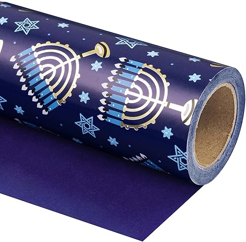 Vista 36 de WRAPAHOLIC Papel de regalo reversible de Navidad, mini rollo, 17 pulgadas x 33 pies, diseño de gnomo azul morado y cuadros con brillo metálico