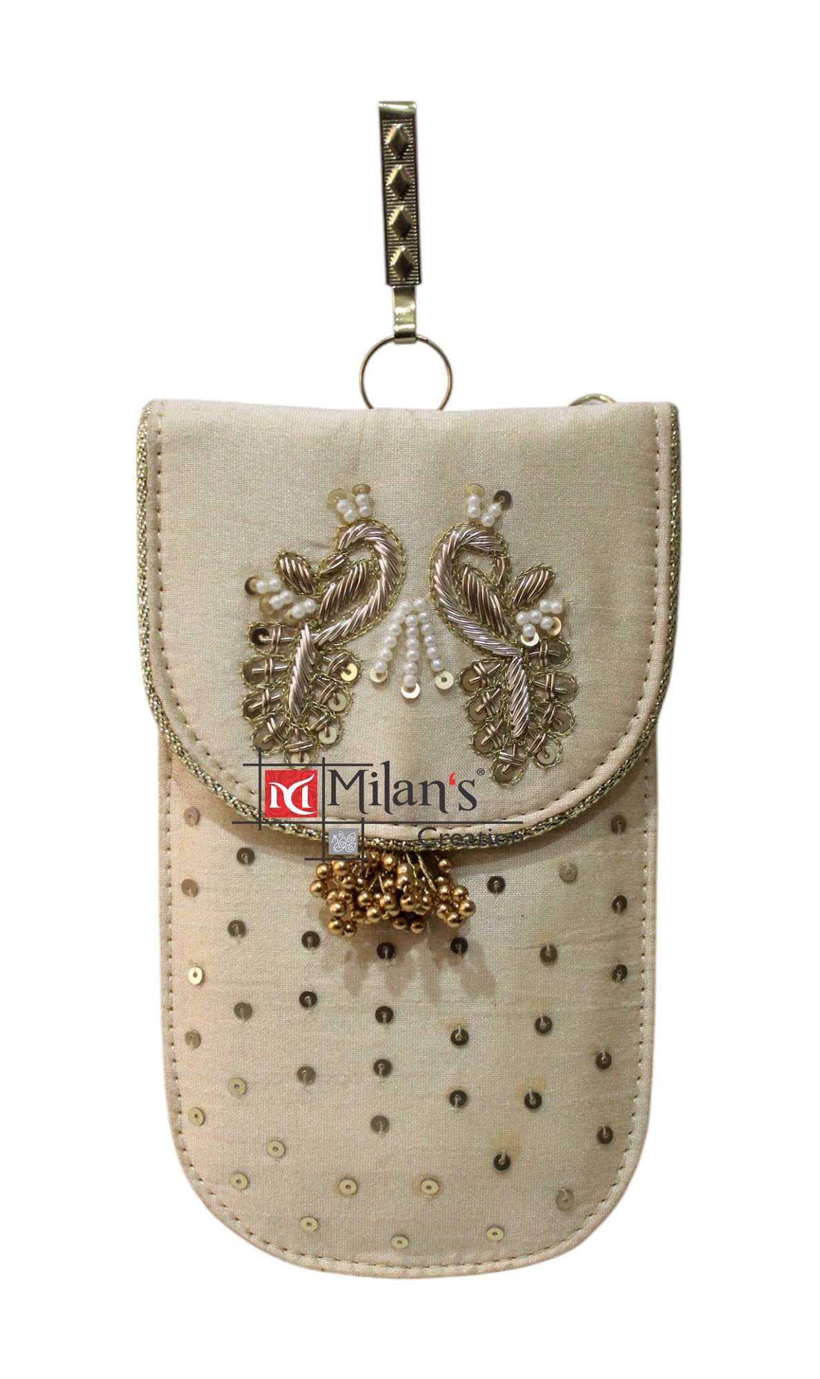 Mobile Pouch Zardozi & Pearls Hand Embroidery With Waist Clip Hook & Sling Chain (removable) | Ladies Women’s Handbag Wallet Sling Purse | Party Wedding Festival Giveaways Gift-image-45