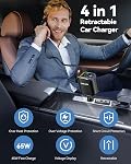RULUS Upgrade 4 in 1 Retractable Charger for Car, PD 65W Fast Car Phone Charger with 2 Charging Cables and 2 USB Ports, 12-24V Voltage Display for iPhone 16/15/14/13/12 Pro Max XR/iPad