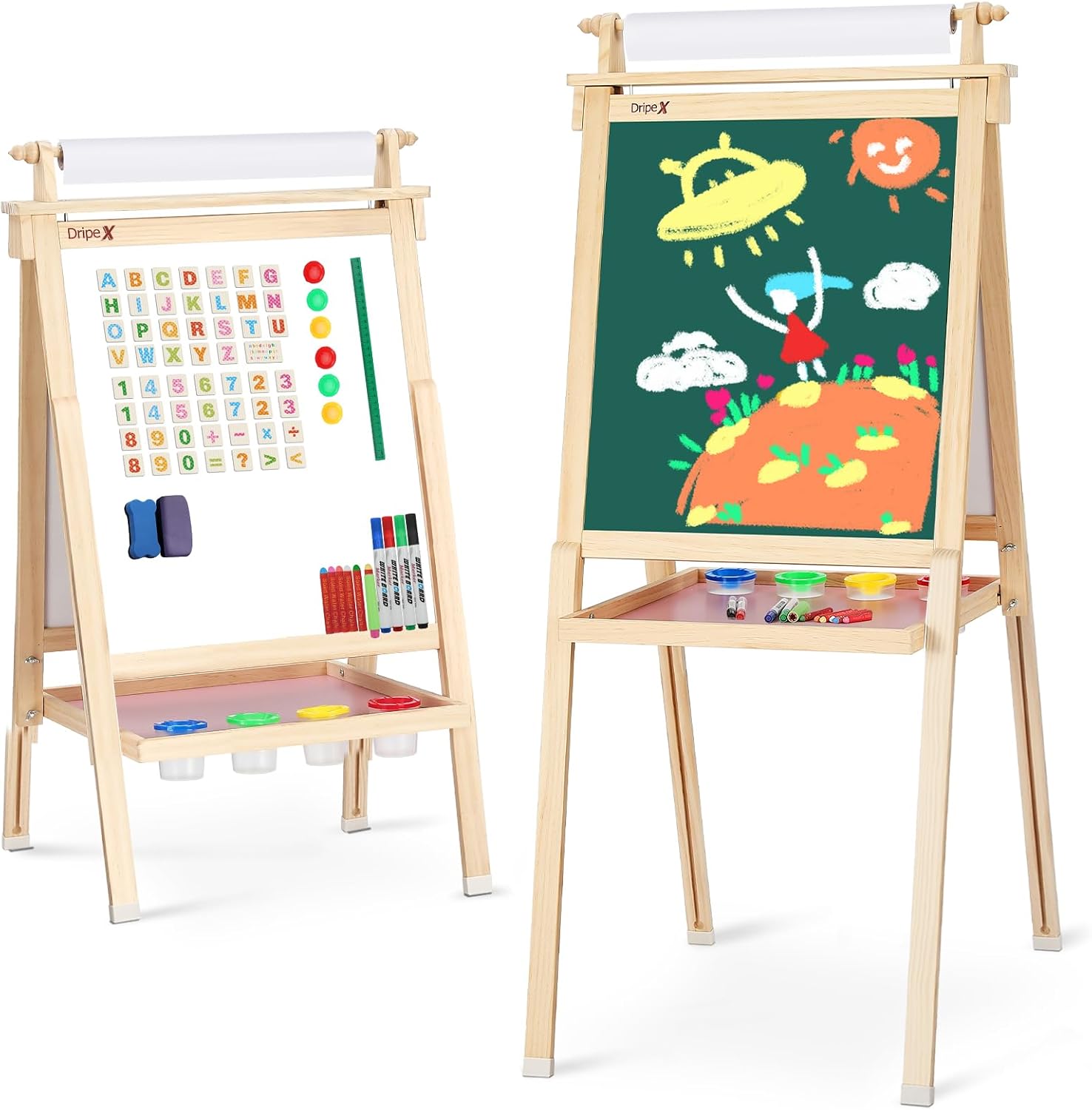 Dripex Kids Art Easel with Paper Roll Double Sided Toddler Children Easel Chalkboard and Magnetic Dry Erase Board for Kid Painting and Drawing, Multiple Kids Art Supplies Oak