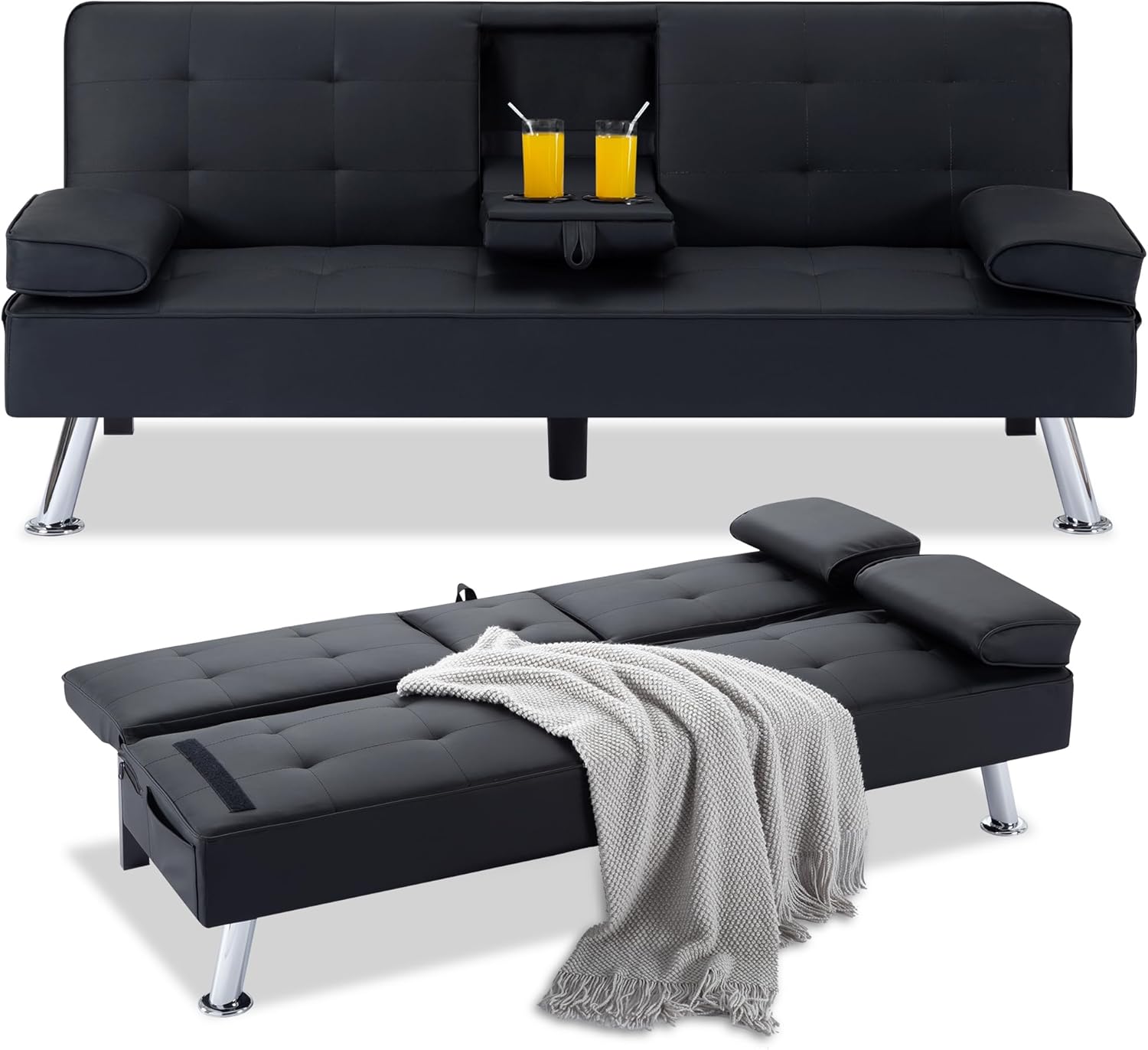 convertible sofa bed adjustable couch sleeper folding pu convertible recliner lounge daybed for living room, bedroom, apartment, office, black, 65.3"x27.5"x29"