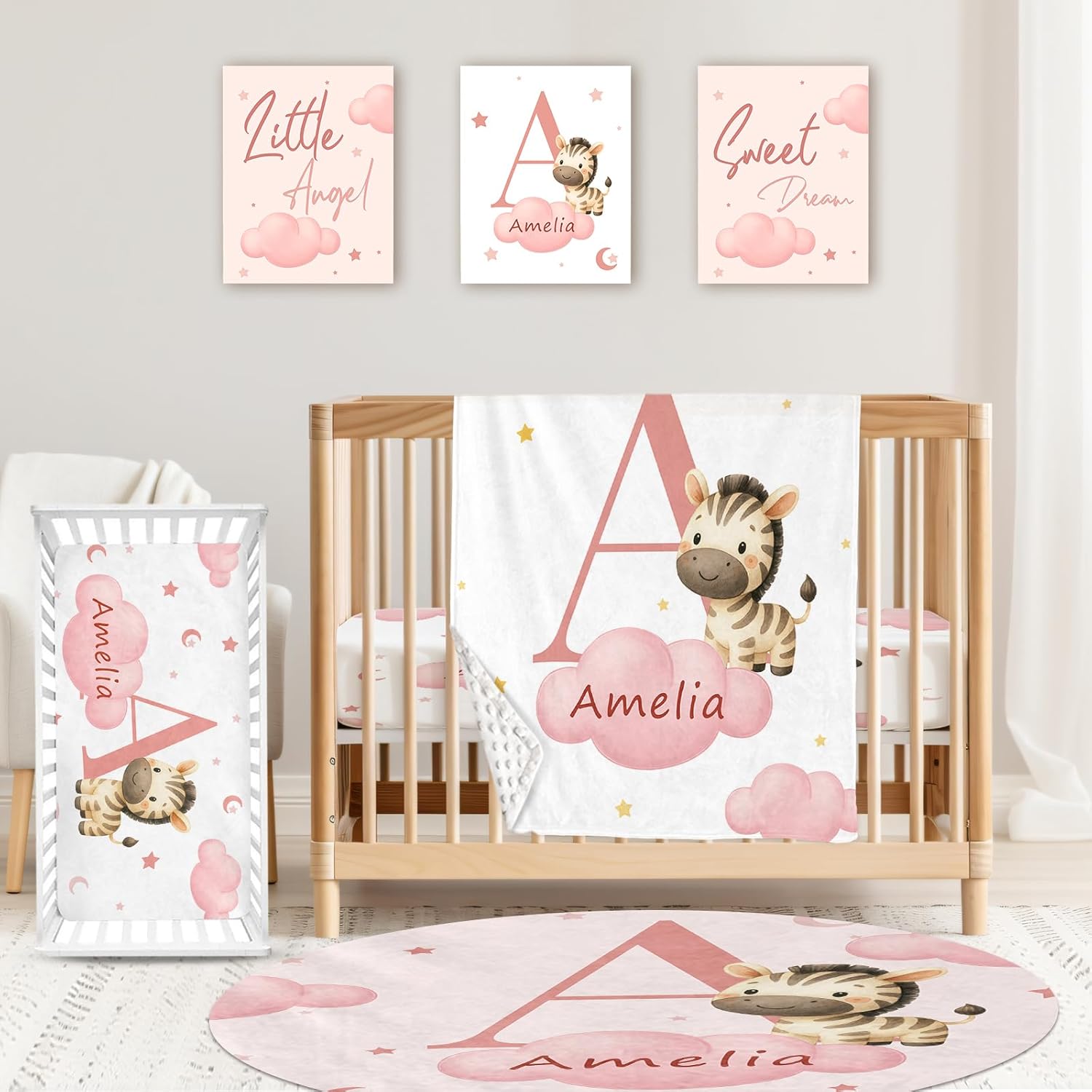 Personalized Crib Bedding Set for Baby Girls, Custom Name Nursery Bedding 4 Pcs Set - Baby Blanket, Fitted Sheet, Room Rug & Wall Art, Pink Zebra Theme Crib Set for Nursery Decor