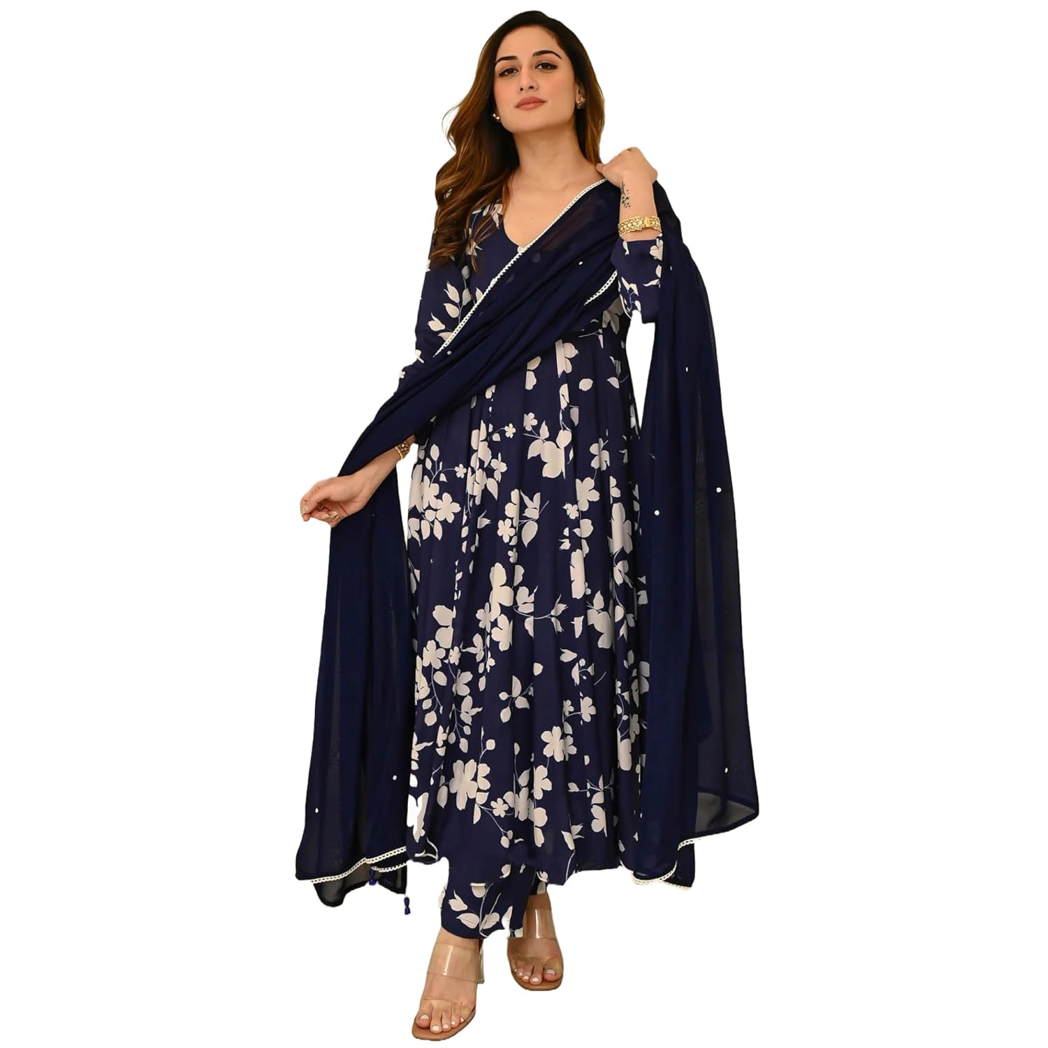 GoSriKi Women’s Rayon Blend Printed Anarkali Kurta with Pant & Dupatta