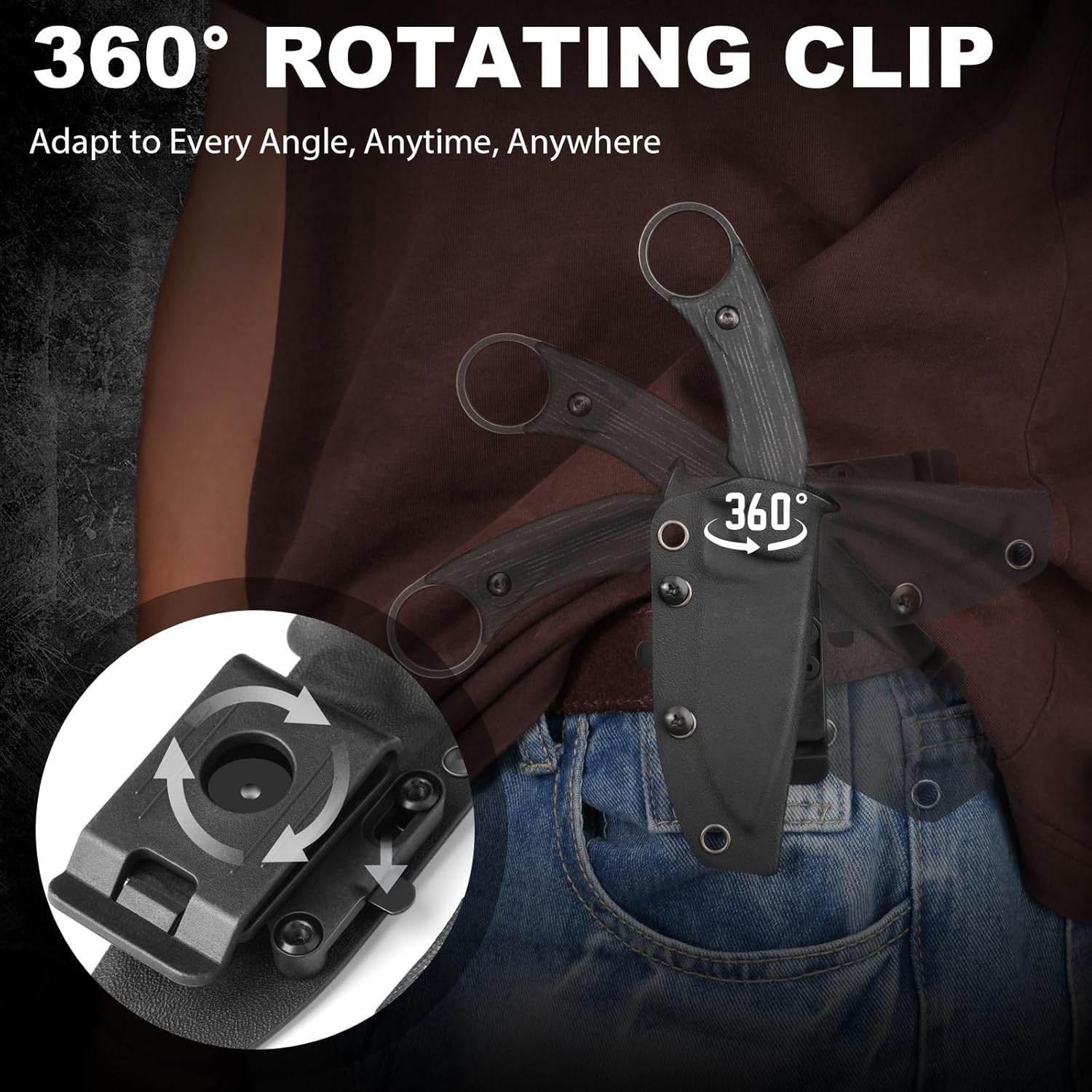 SSH-A Fixed Blade Survival Knife with Rotating Clip, D2 Steel Full Tang 6.92" Small EDC Horizontal Carry Tactical Knife with Kydex Sheath, Stonewashed Black – Micarta Handle