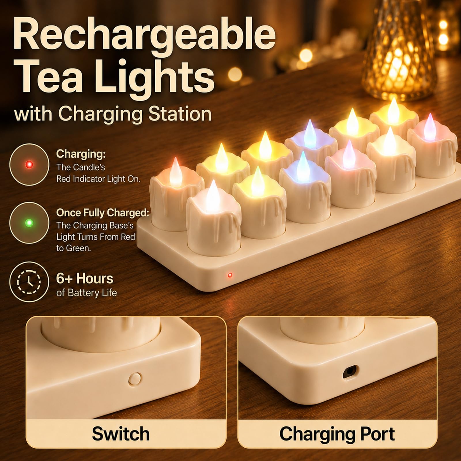 12 Stück Wiederaufladbare Teelichter Flackernd mit Fernbedienung und Timerfunktion, LED Kerzen mit Ladestation für Party Zimmer Wohnzimmer Halloween Weihnachten Deko