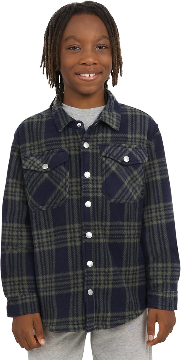 Boys' Plush Faux Sherpa Lined Fleece Button-Down Shirt Jacket (XS-XL)