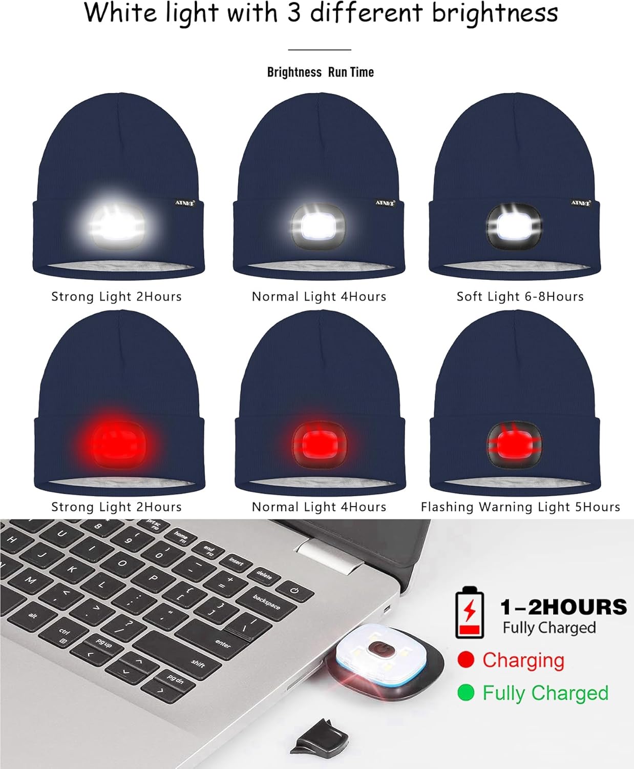 ATNKE LED Lighted Beanie Hat,USB Rechargeable 8 LED Red Glow Flashing Run Headlamp Lined Fleece Cap for Men and Women