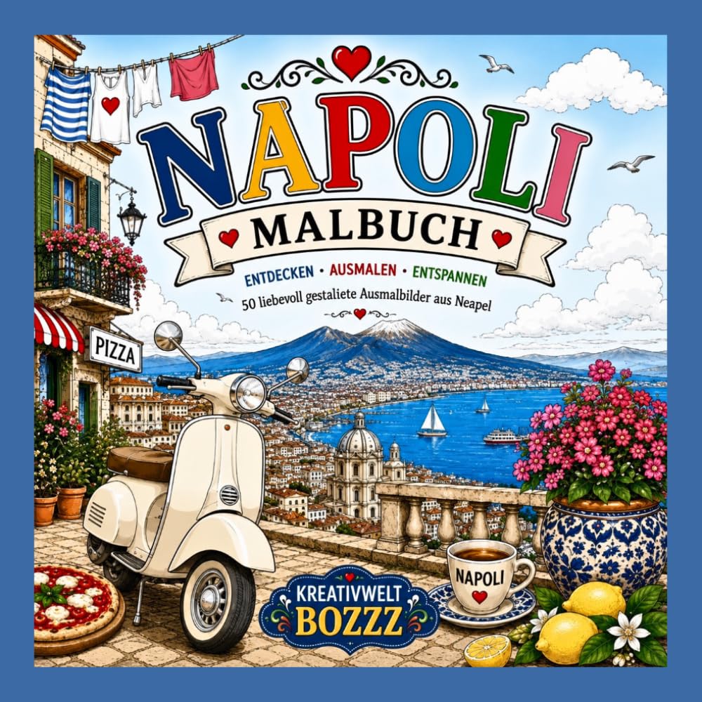 Neapel Malbuch: Die schönsten Sehenswürdigkeiten, traumhafte Küsten, italienische Spezialitäten und typisch neapolitanische Motive zum Ausmalen – Entdecken • Ausmalen • Entspannen