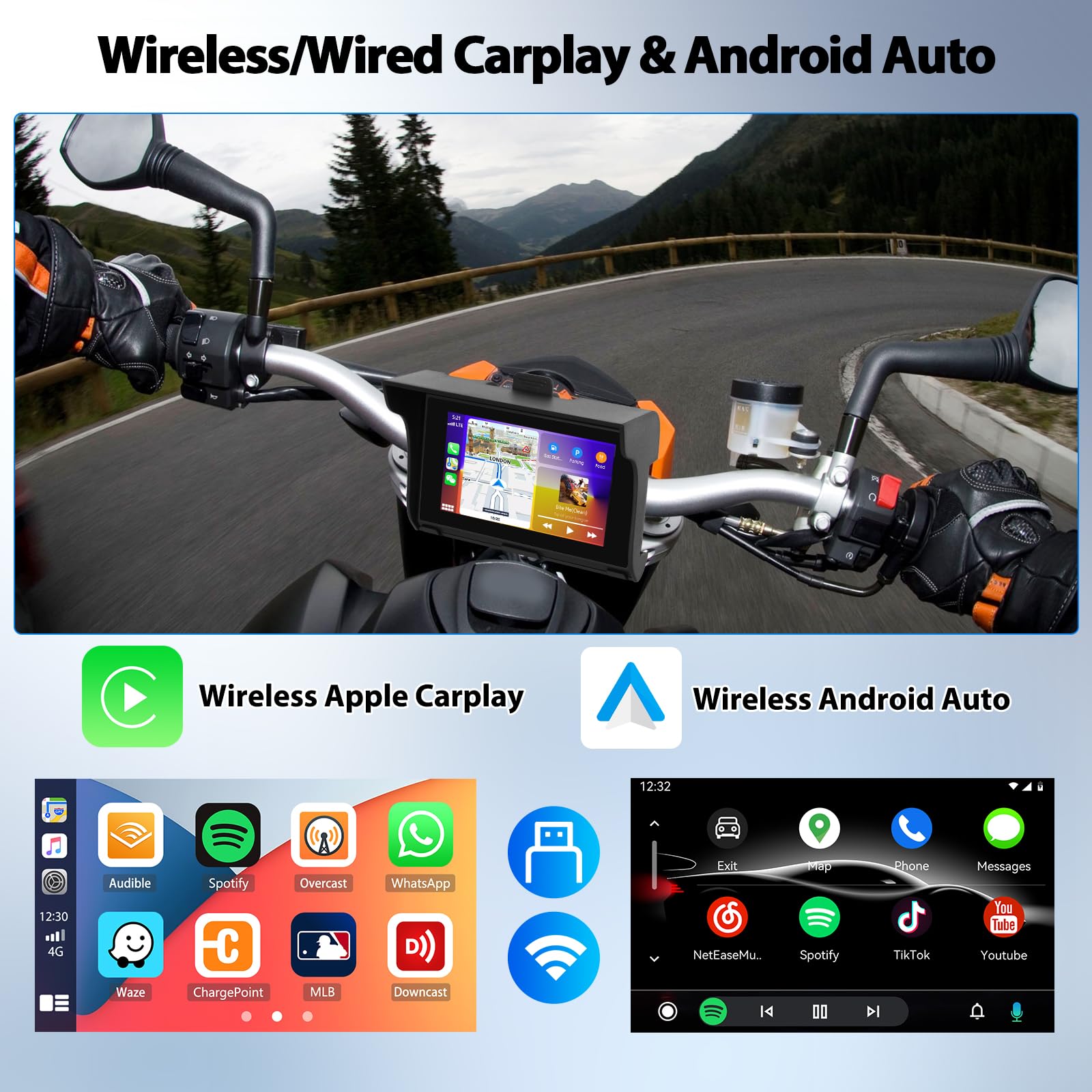 CAMECHO Motorrad GPS Carplay Bildschirm, Kabelloses CarPlay und Android Auto, Tragbarer 7 Zoll Wasserdichter Bluetooth Touchscreen mit Dual Bluetooth, EQ, Navigation, Siri