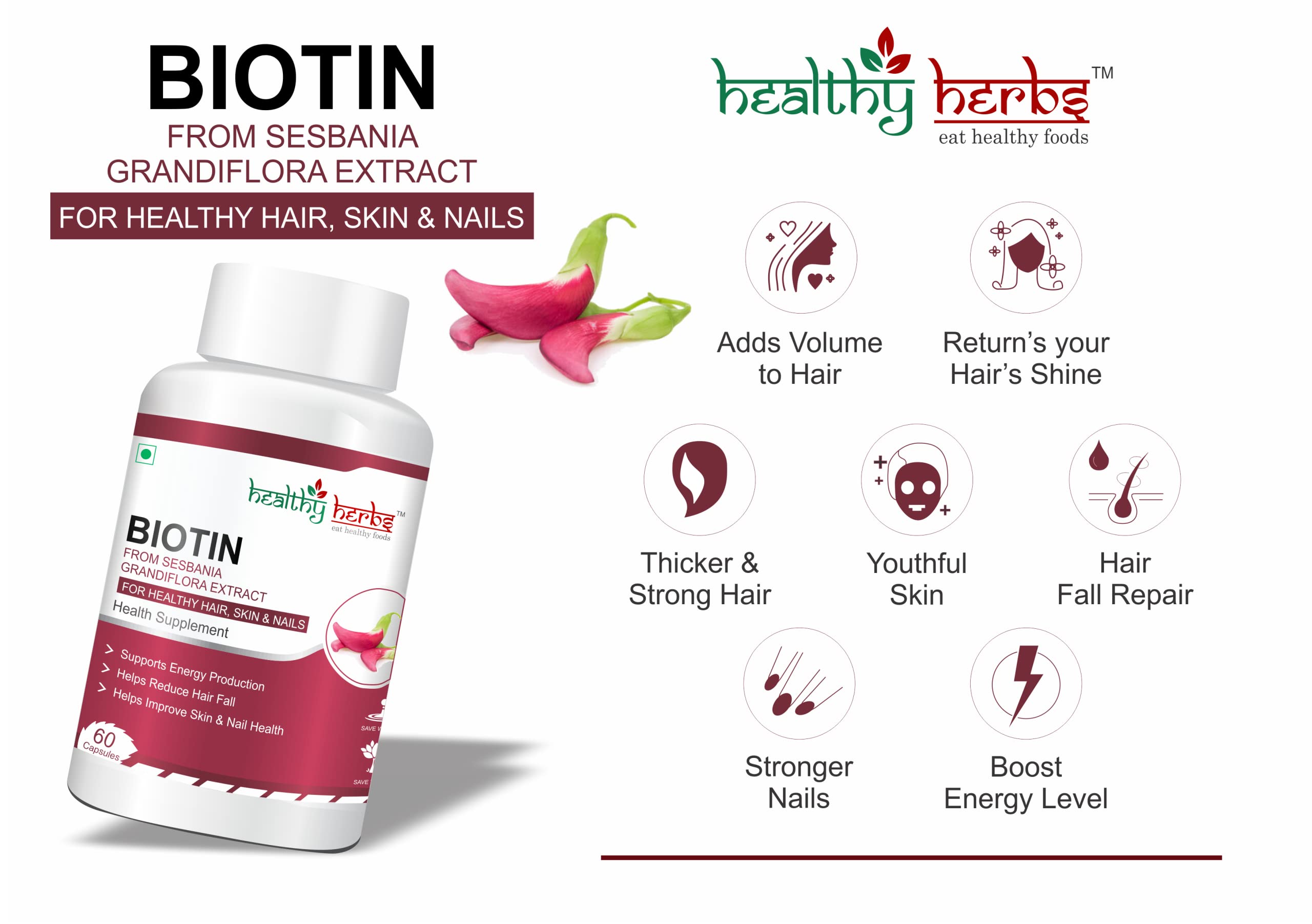 Healthy Herbs Biotin Capsule - High Potency -10000mcg | Promotes Healthy Hair, Glow Skin & For Brittle Nails 60 Capsules 3