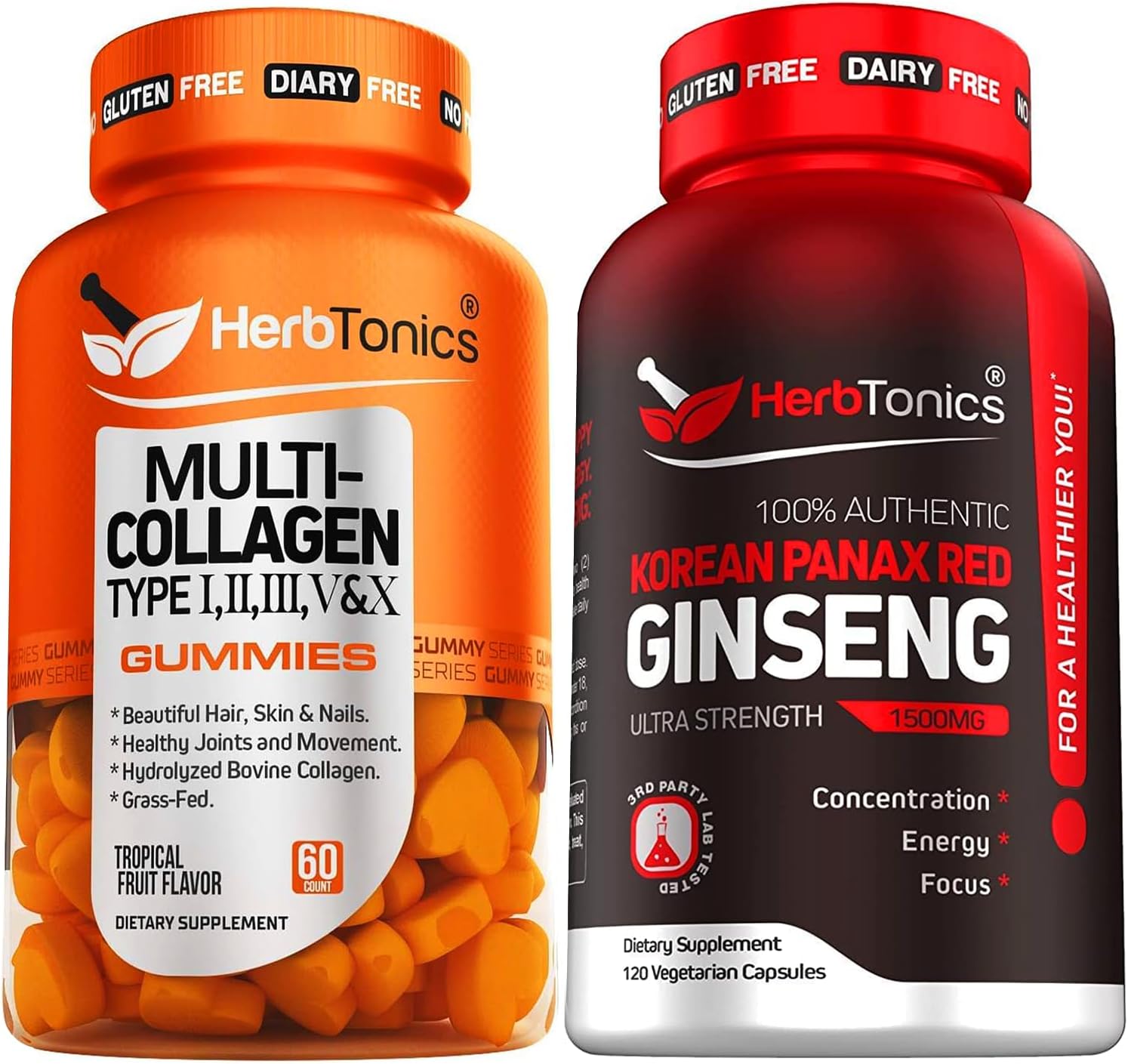 Multi Collagen Gummies Type 1,2,3,5 & 10 with Biotin for Hair Growth, Skin, Nails - Korean Red Panax Ginseng 1500mg - High Potency Ginseng for Energy, Performance & Immune Support for Men