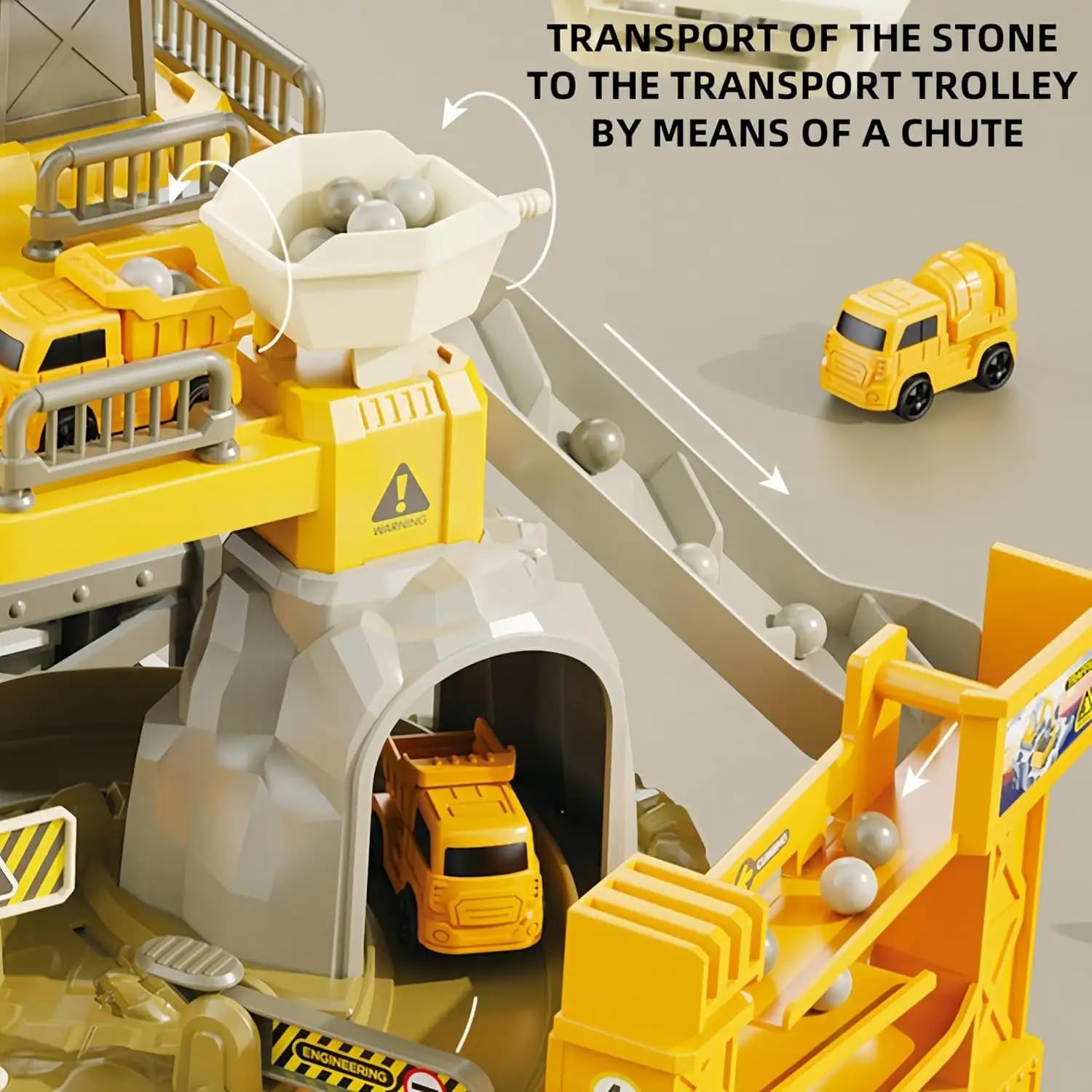 Mining area - Pista Cantiere Bambini con Camion e Ruspe – Giocattolo Costruzioni Educativo 3-8 Anni con Gru, Betoniere, Nastro Trasportatore e Scivolo Palline – Set Macchinine da Cantiere