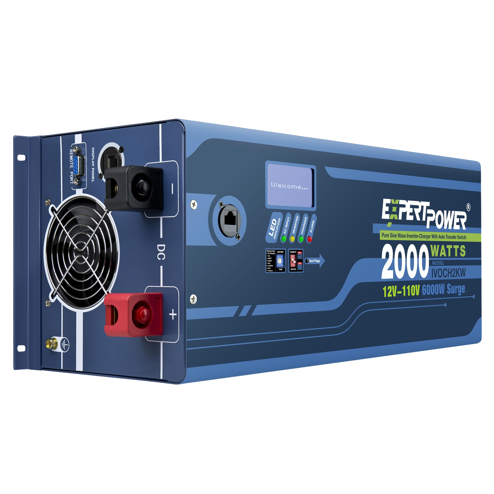 ExpertPower 2000W Pure Sine Wave Inverter Charger | Peak 6000W | DC 12V - AC 110V | LifePO4/ Lithium Battery Compatible | Auto Transfer Switch | LCD Display