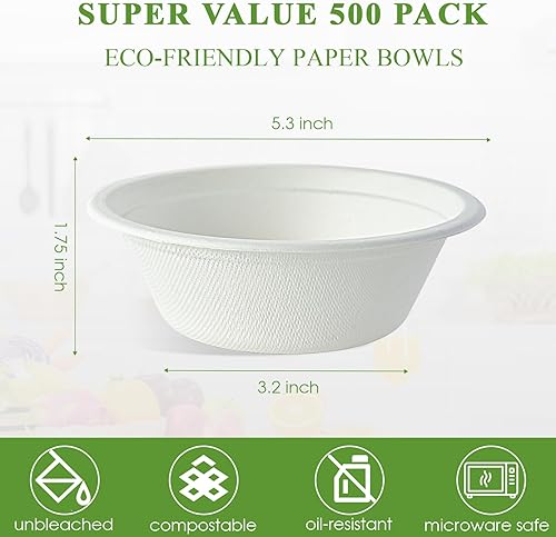 Miniatura 3 de Vplus Paquete de 500 Tazones de Papel de 12 OZ a Granel, Desechables Compostables, Bagazo Ecológico, Tazones Extra Resistentes Perfectos para