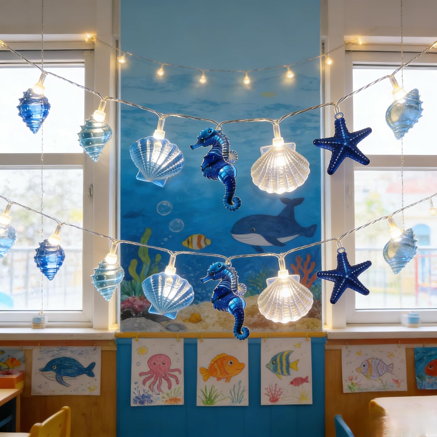 Ocean String Lights,Nautical Theme Beach Decor Fairy Lights with Seashell Seahorse Starfish, Conch,20 LED Battery Operated String Lights for Bedroom, Party, Wedding, Garden, Decoration(6.5FT)