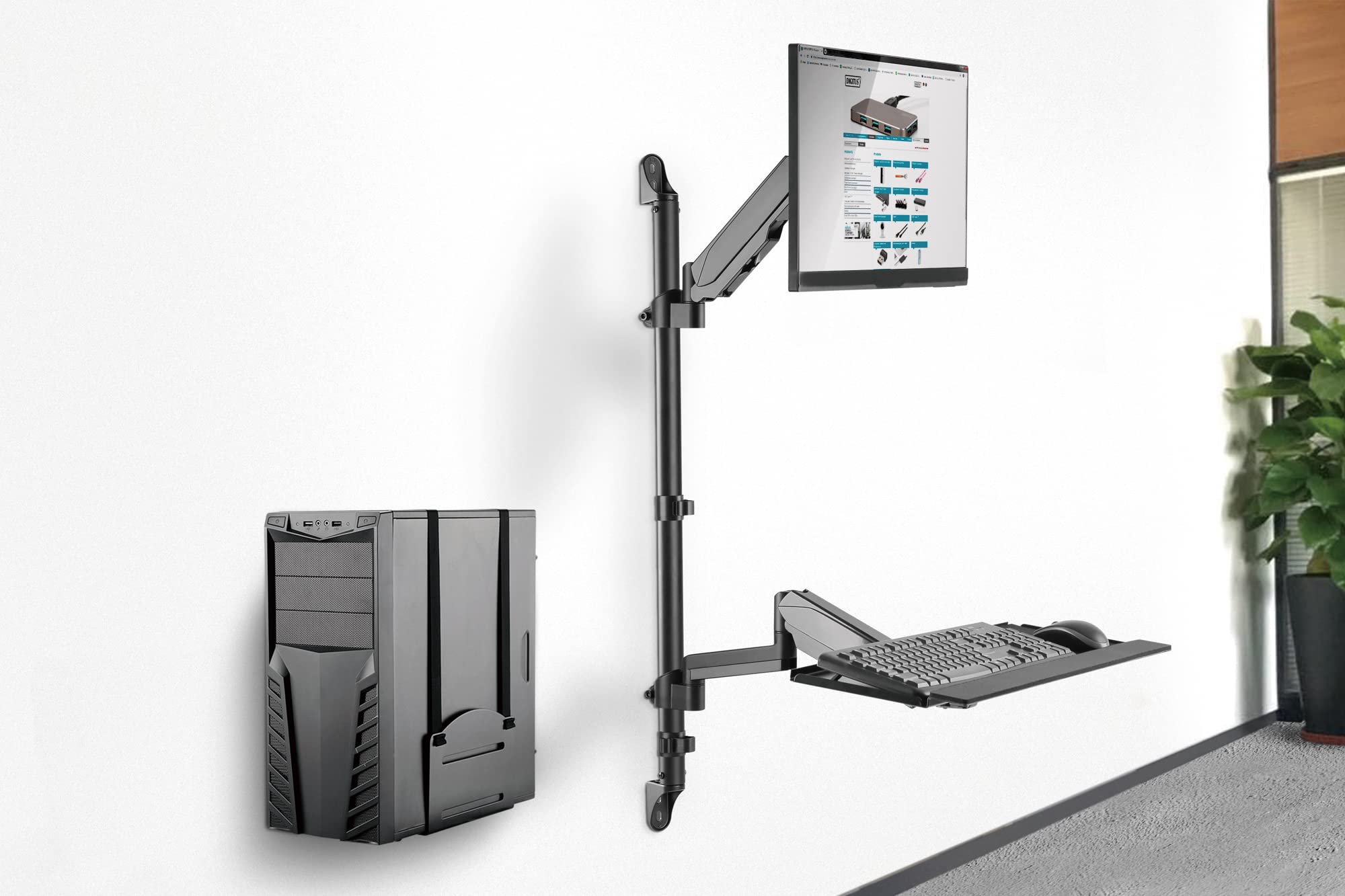 DIGITUS Soporte para monitor y bandeja para teclado y soporte para PC - Soporte de pared- 1 monitor - Hasta 32 pulgadas - Negro