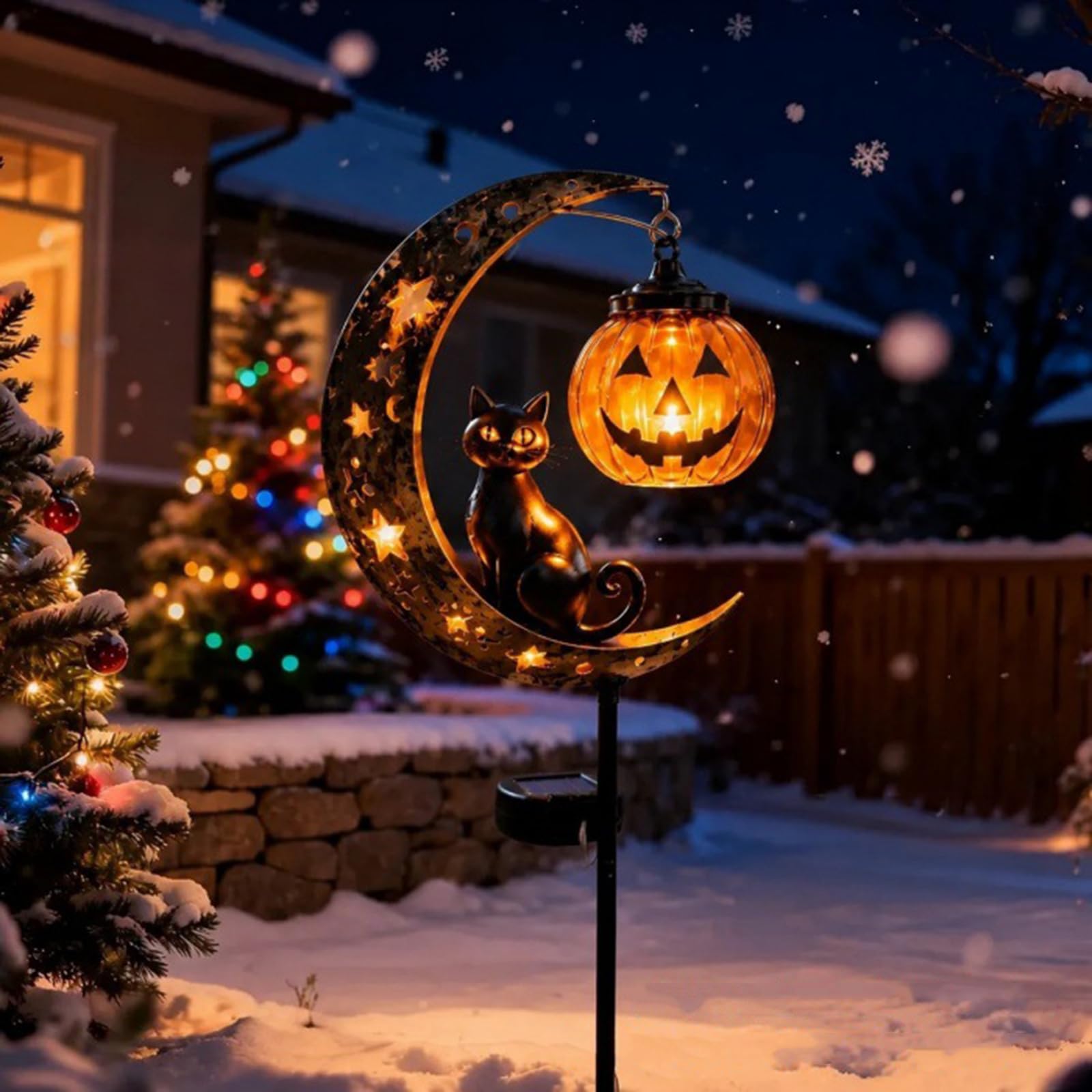 Solar Powered Black Cat & Pumpkin Moon Stake Light
