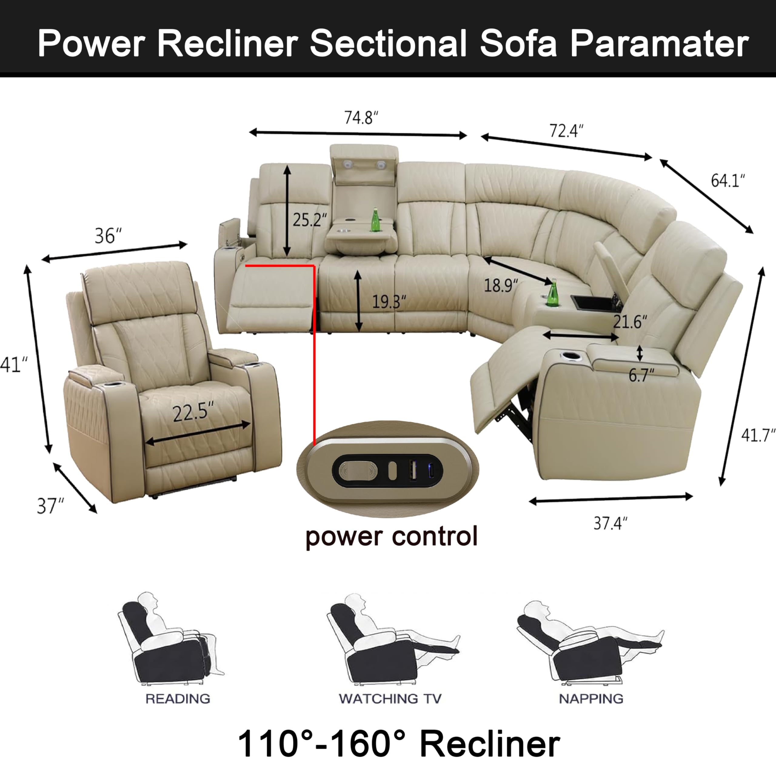 Leather Power Reclining Sectional Sofa Set,Sectional Couch with 4 Recliners view 2